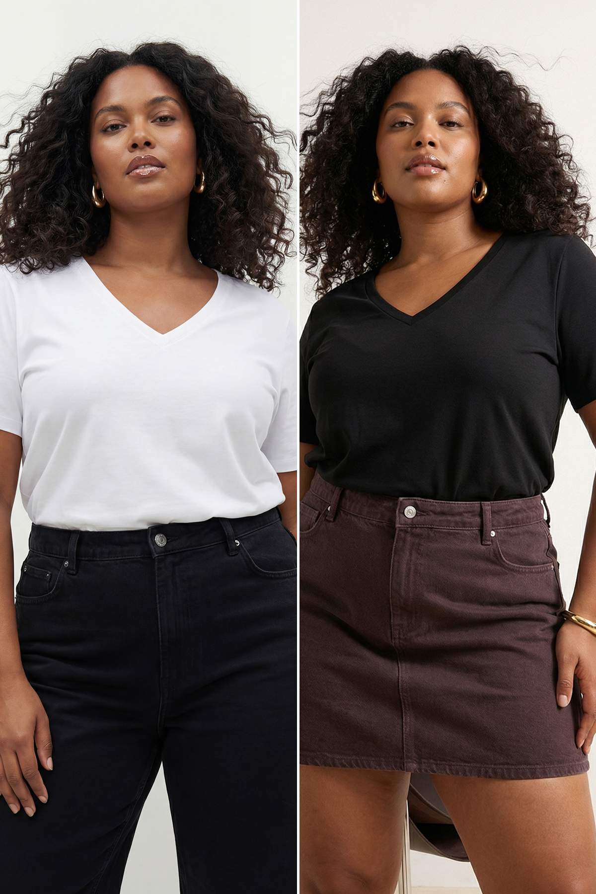 Trendyolmilla Curve Siyah-Beyaz 2'li Paket Regular Fit Crop/Kısa Boy V Yaka Basic Büyük Beden T-shirt TBBSS26BF00028