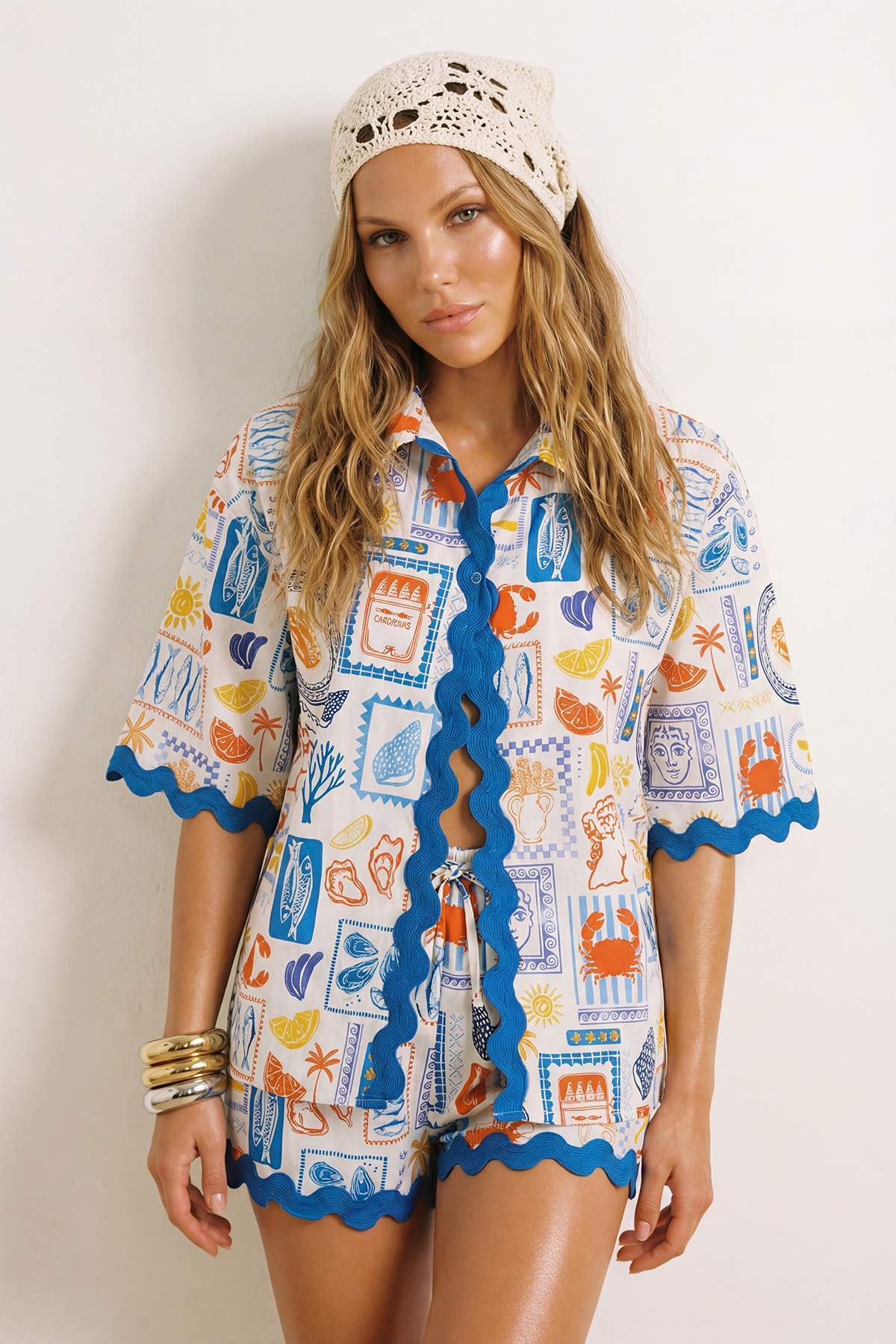 Trendyolmilla  Su Altı Mix Desen Dokuma Şeritli Plaj Gömlek-Şort Takım TBESS25AU00047