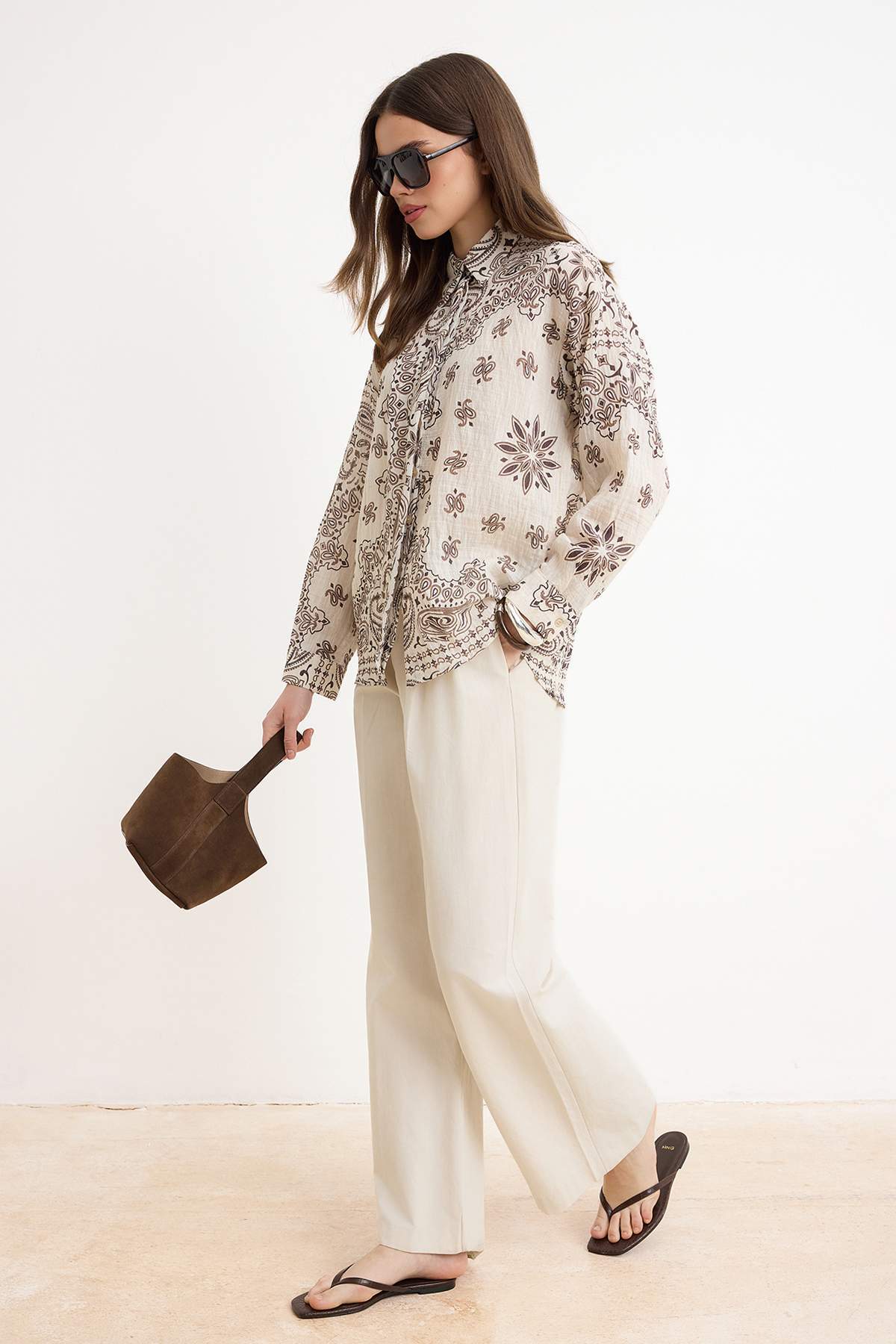 Trendyol Modest Ecru Oversized Cotton Pieces Patterned Shirts Tctss26Tg00041