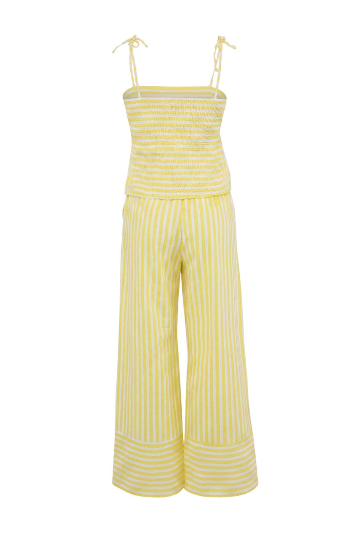 Trendyolmilla  Sarı Çizgili Dokuma %100 Pamuk Plaj Bluz-Pantolon Takım TBESS25AU00108 - Görsel 2