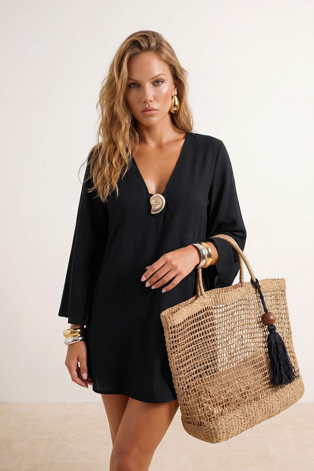 Trendyolmilla  Siyah Dokuma Döküm Aksesuarlı Plaj Mini Elbise TBESS24EL00020 - Görsel 2