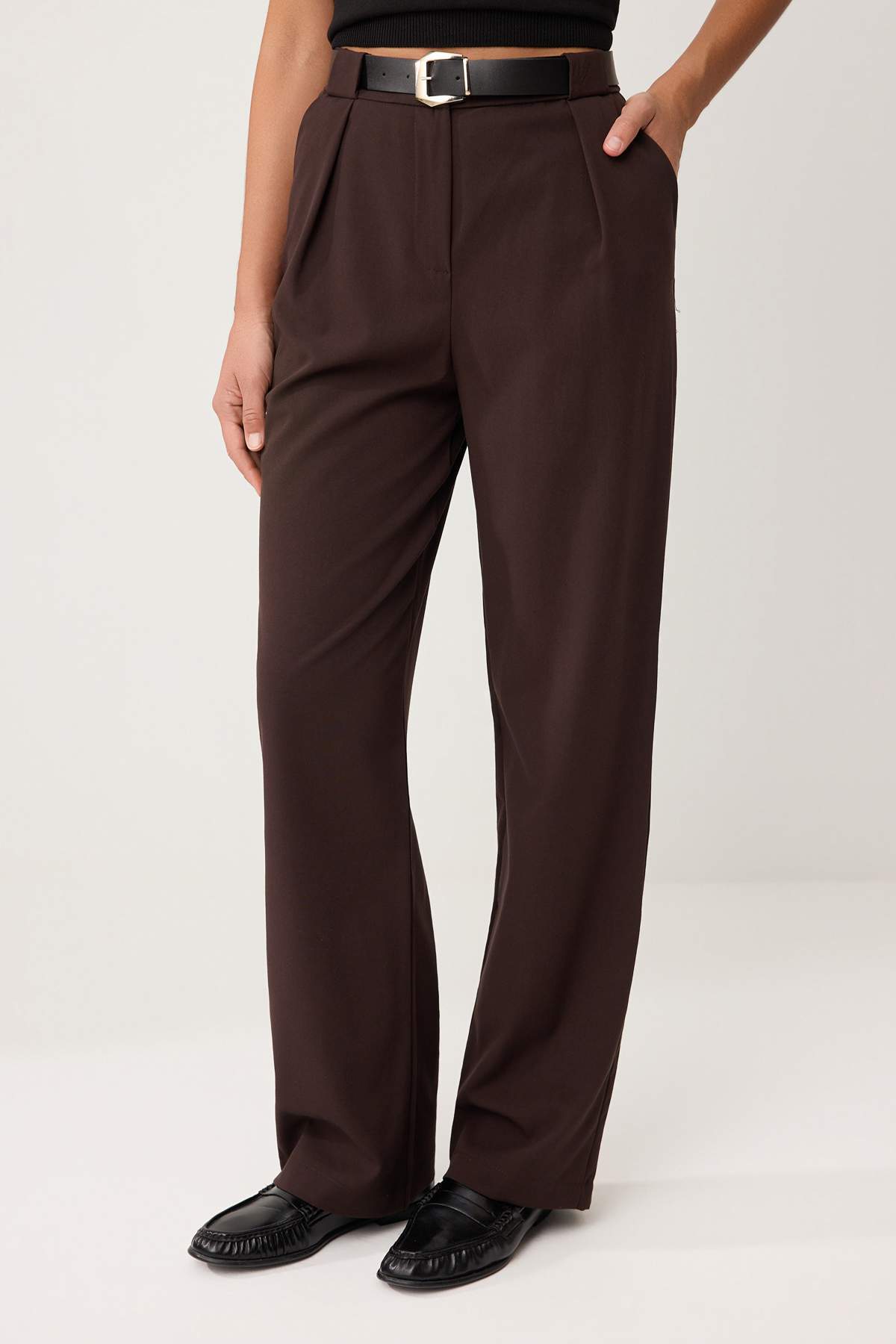 Trendyolmilla  Koyu Kahverengi Kemerli Straigt/Düz Kesim Dokuma Kumaş Pantolon TWOAW25PL00046 - Görsel 3