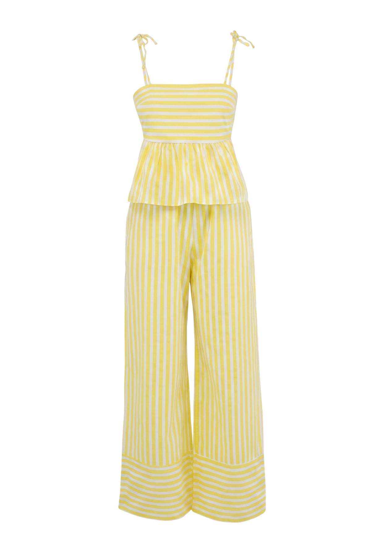 Trendyolmilla  Sarı Çizgili Dokuma %100 Pamuk Plaj Bluz-Pantolon Takım TBESS25AU00108