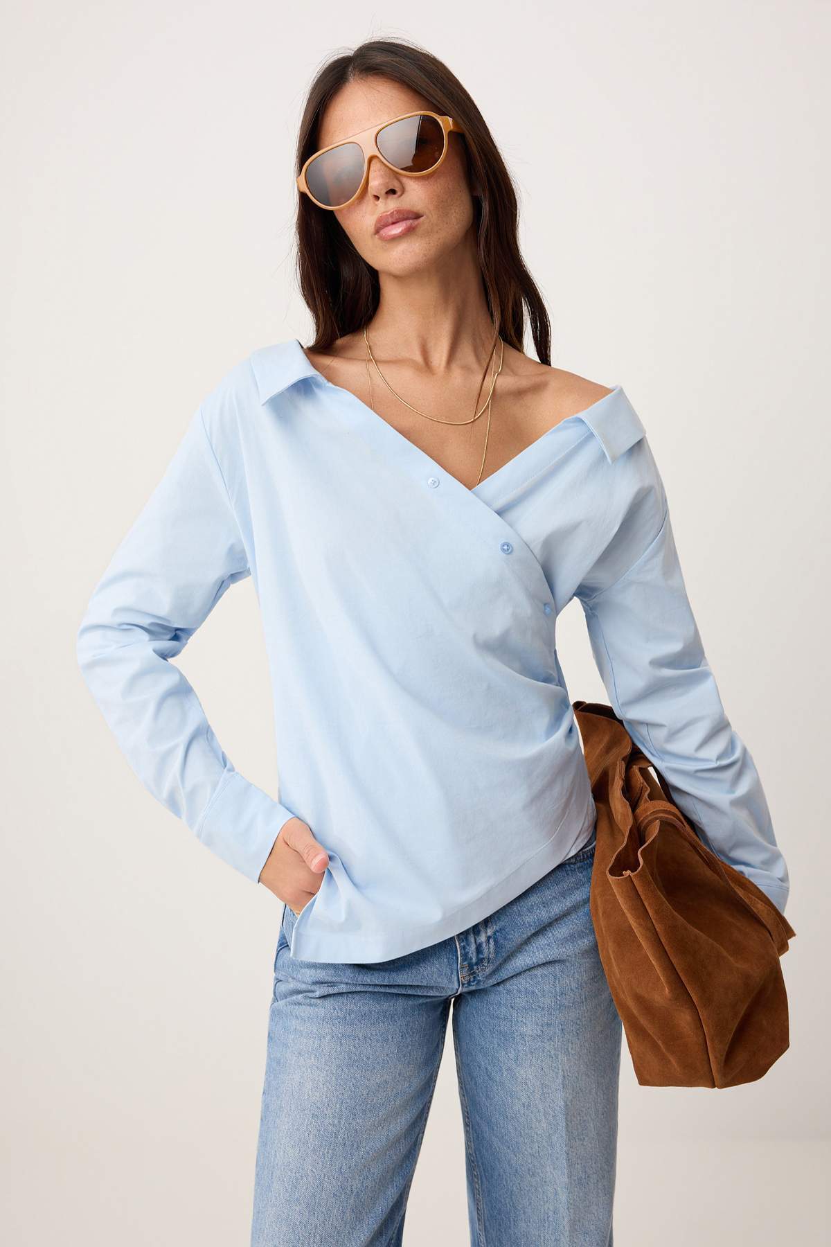 Trendyolmilla  Açık Mavi Kayık Yaka Poplin Dokuma Bluz TWOSS26BZ00420