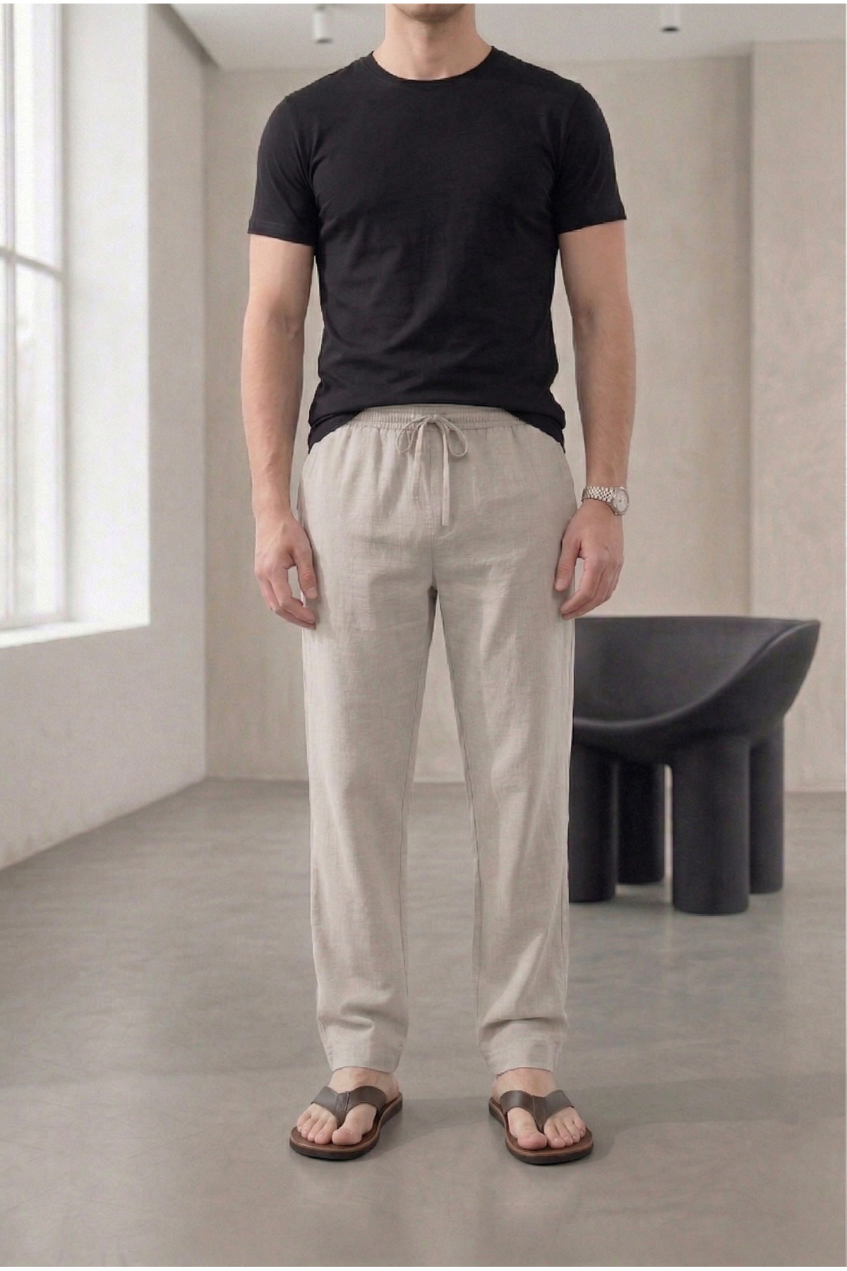 TheSeason Men's Stone Cotton Linen Look Relaxed Fit Summer Trousers with Laced Waist