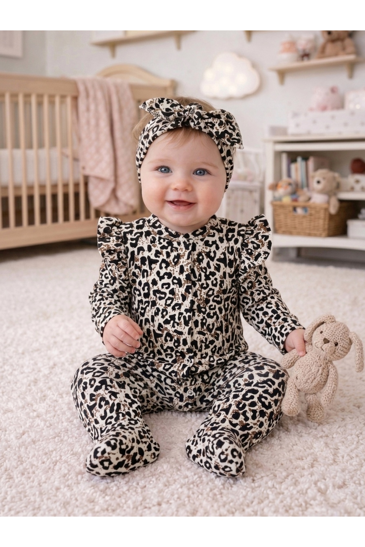 OMY %100 PAMUK 3-6-9 AY BANDANALI OMZU FIRFIRLI LEOPAR DESENLİ TULUM TAKIM 2'Lİ SET BEBEK&ÇOCUK TAKIM fotoğrafı 2 (önizleme)