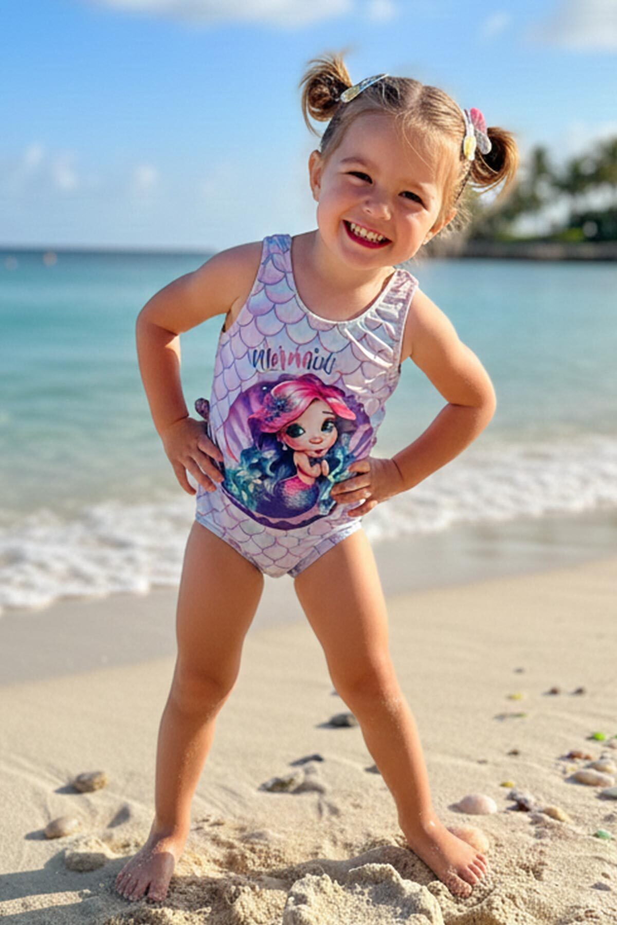 The Cloudish Shop Kız Çocuk Mayo Denizkızı Mermaid desenli Lila 3 boyutlu Upf 50 korumalı fotoğrafı 2 (önizleme)