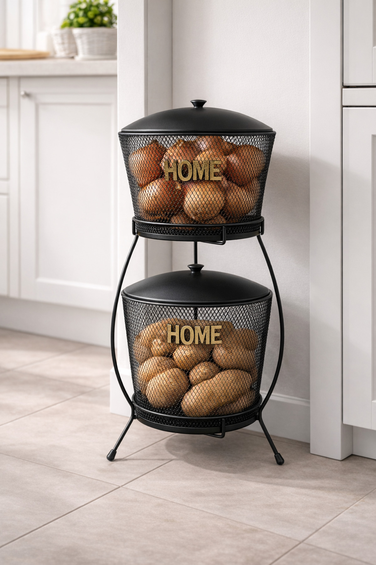 Home Organizer Pearl 2-Tier Metal Vegetable Potato Onion Basket Black Gold Printed Luxury Ferfoje