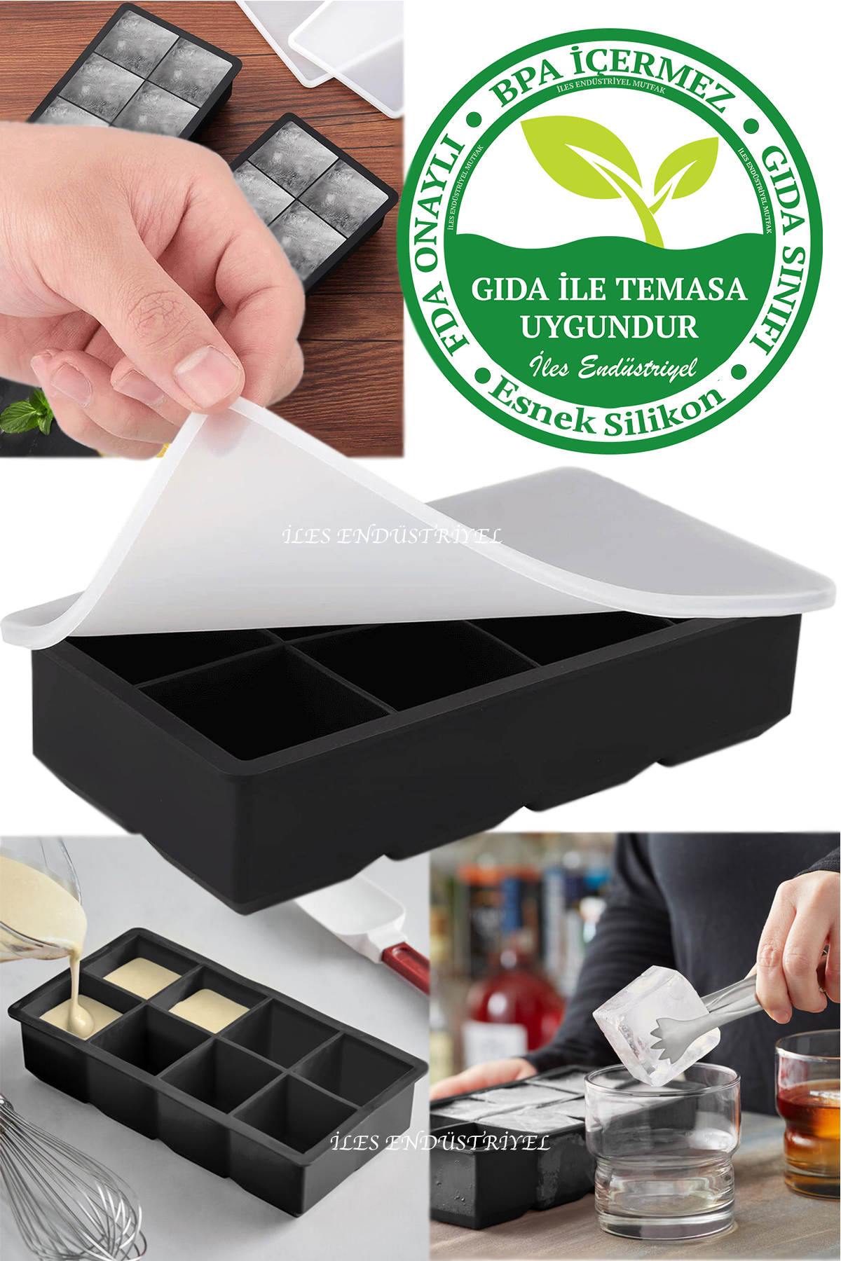 Premium Large 8 Compartment Silicone Ice Mold with Lid, Black