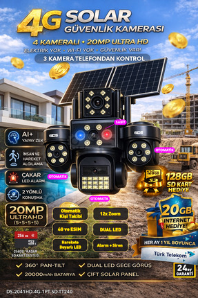 IDS 4 Lens 20MP Sim Kartlı Güneş Enerjili Güvenlik Kamerası 240GB İnternet ve...