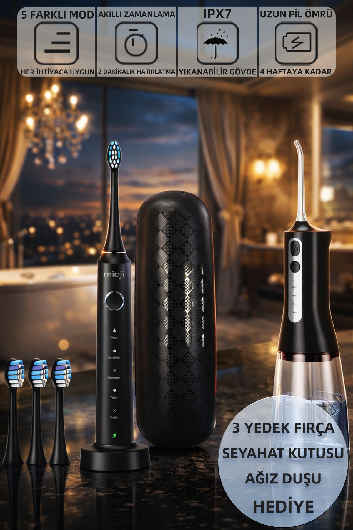 Mioji Oral B6 Care Şarj Edilebilir Diş Fırçası Siyah-(3 Yedek Başlık + Seyahat Kutusu + Ağız Duşu Hediye) - Fiyatı, Yorumları