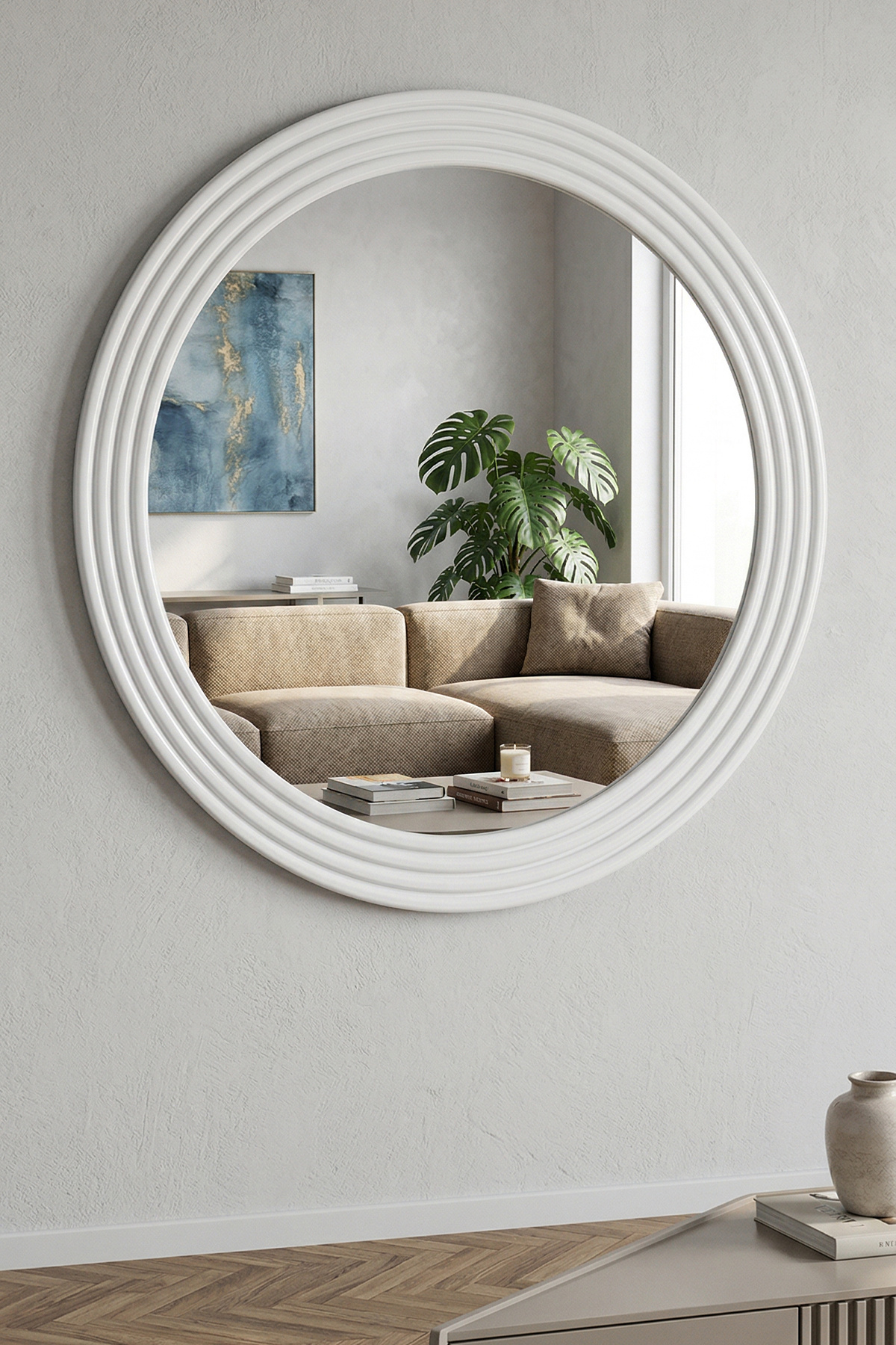 Emerald White Decorative Mirror Round Mirror Embroidered Wooden Wall Mirror Single - 56 Cm
