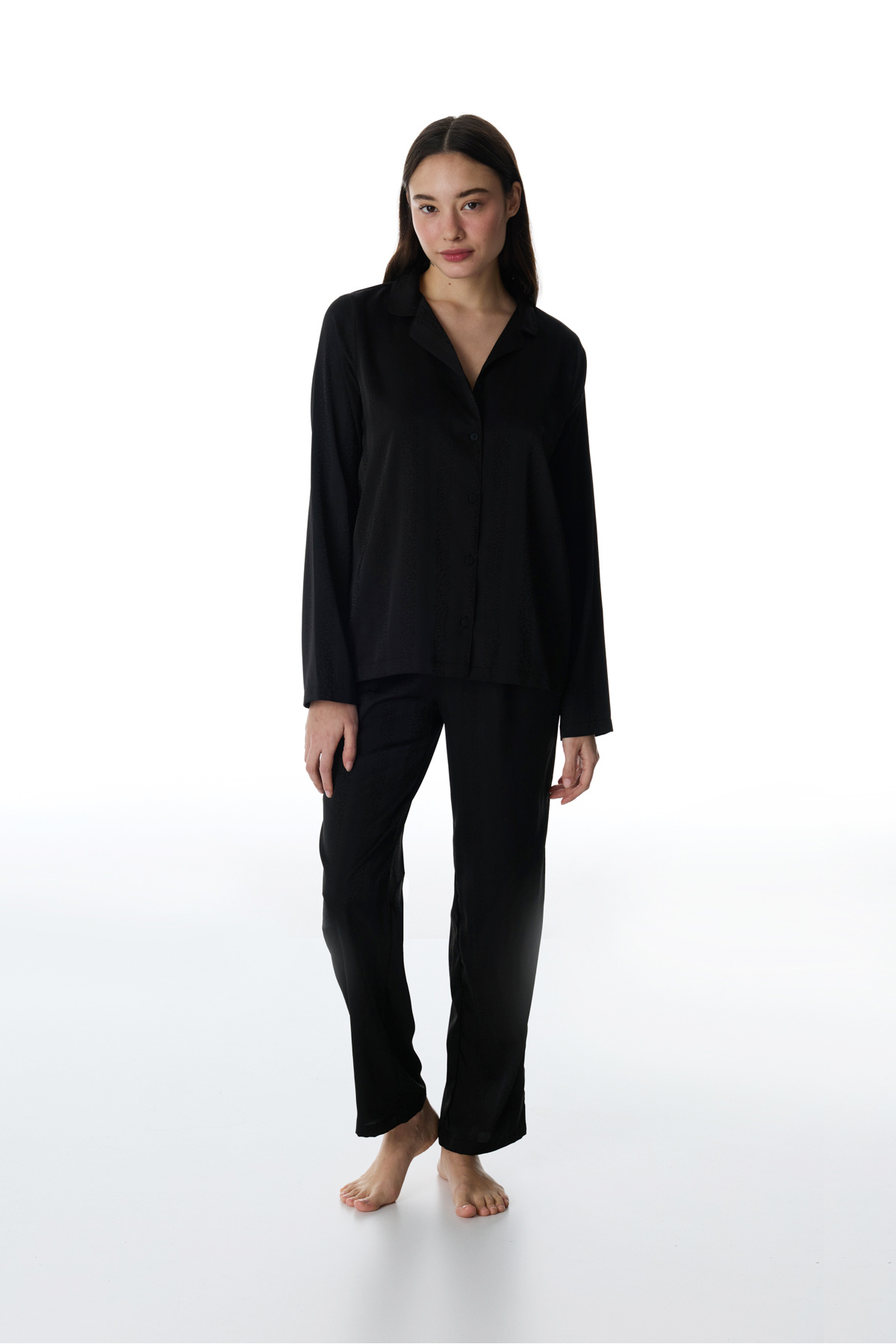 Penti  Siyah Lilah Saten Düğmeli Gömlek Pantolon Pijama Takımı