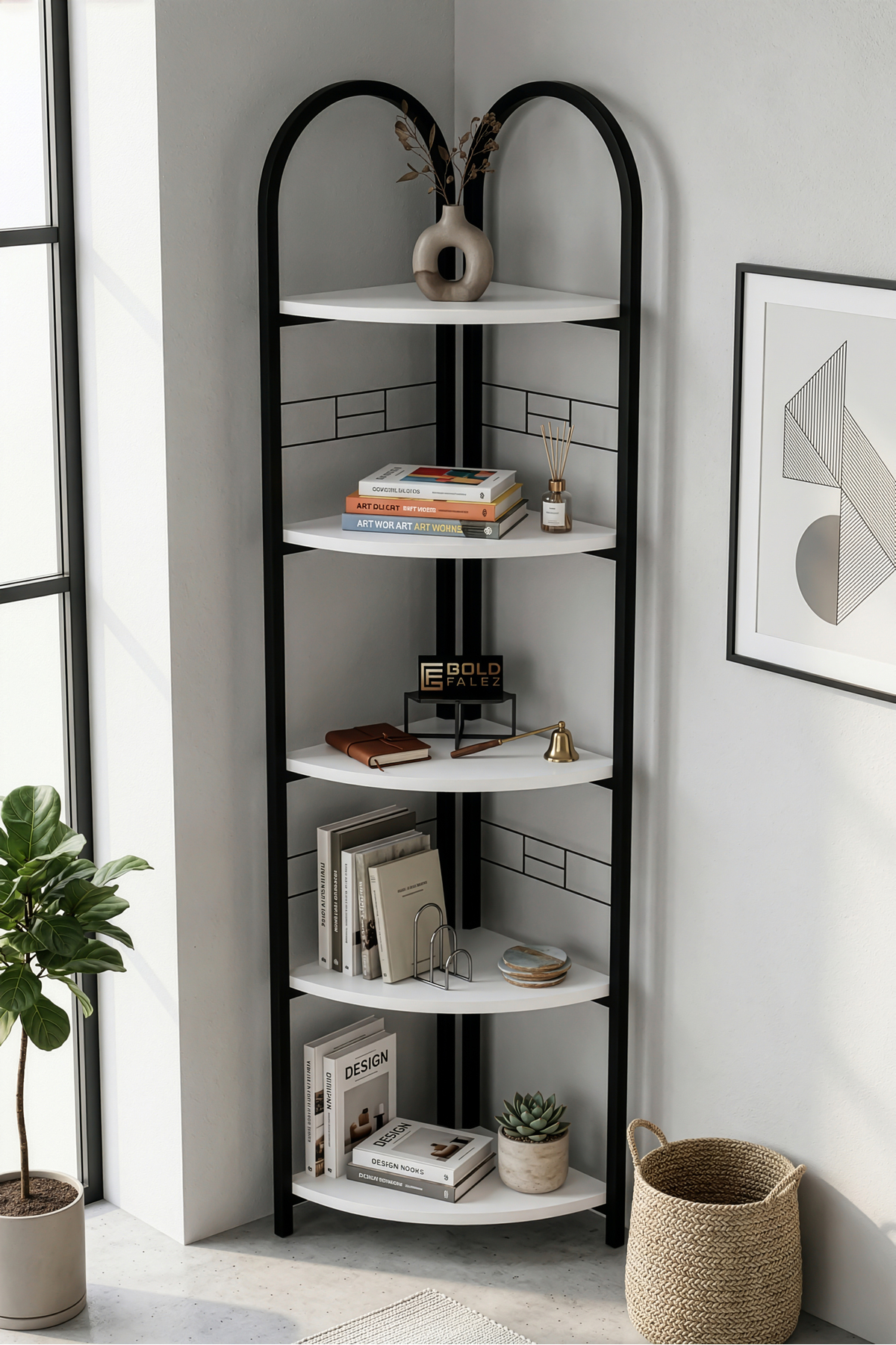 Flower Pot 5 Shelf Bookcase Multi-Purpose Study Room Library Decorative Accessory White