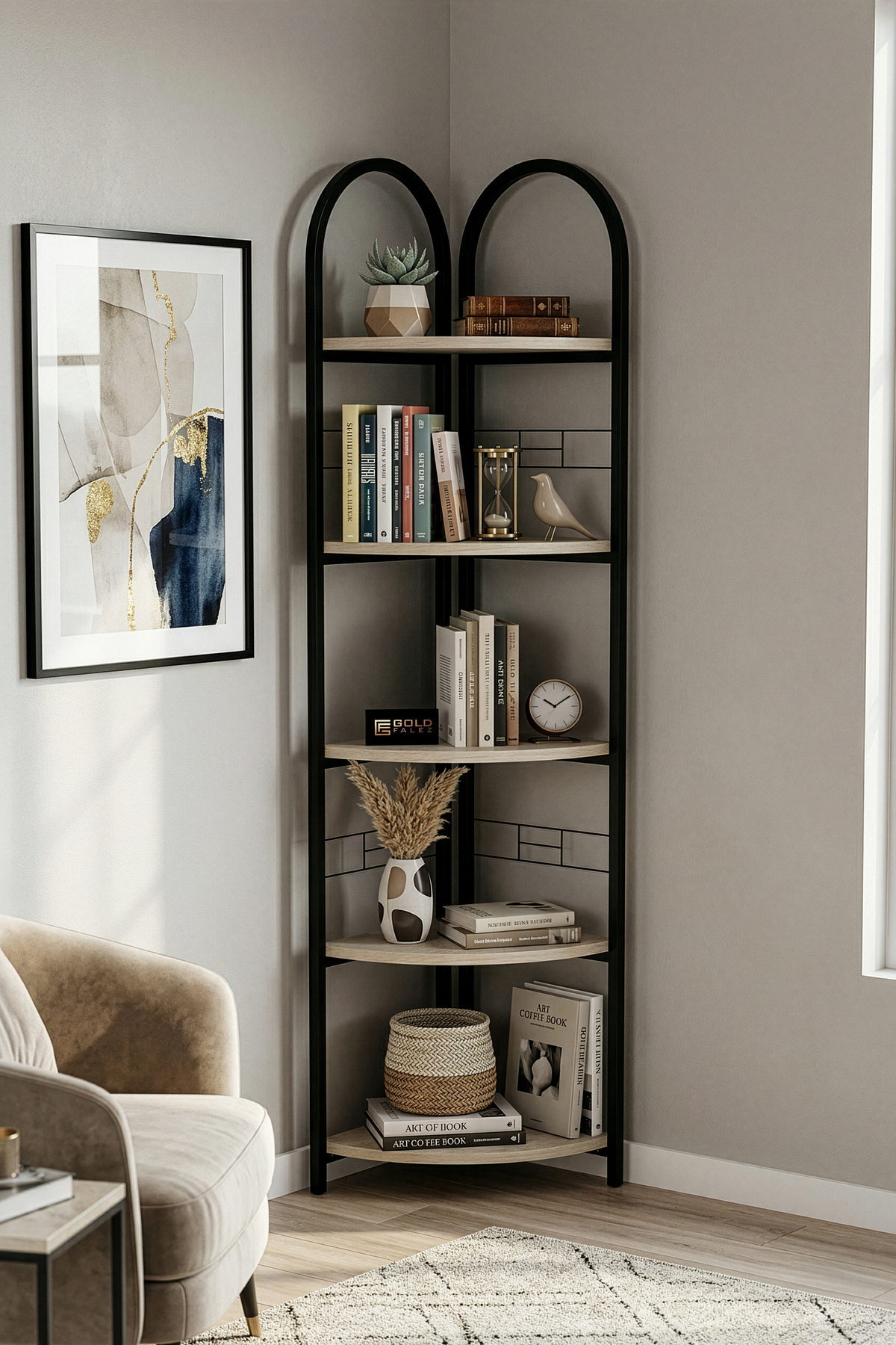 Flower Pot 5 Shelf Bookcase Multi-Purpose Study Room Library Decorative Accessory Travertine
