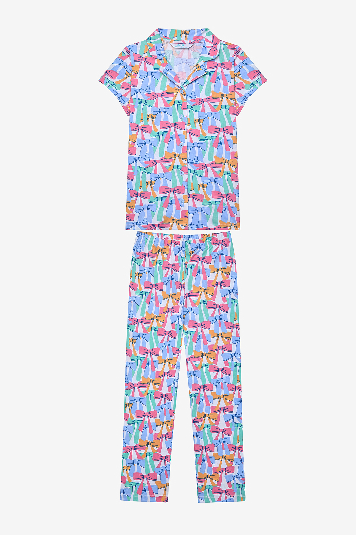 Penti Kız Çocuk Colorful Bows Pamuklu Gömlek Kırık Beyaz Pijama Takımı fotoğrafı 2 (önizleme)