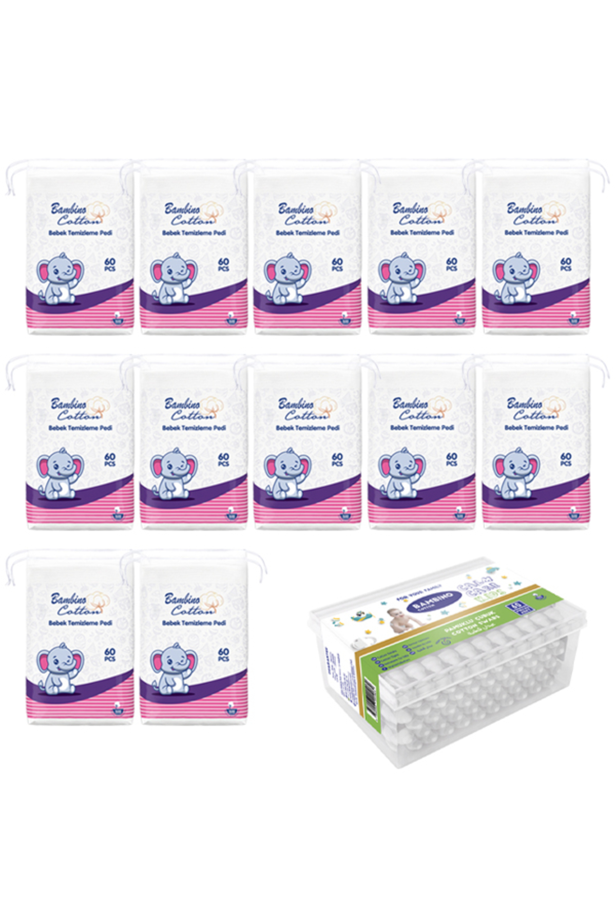 Bambino Cotton Bebe Temizleme Pamuğu 60lı X 12 - Bebe Kulak Çubuğu Hediye