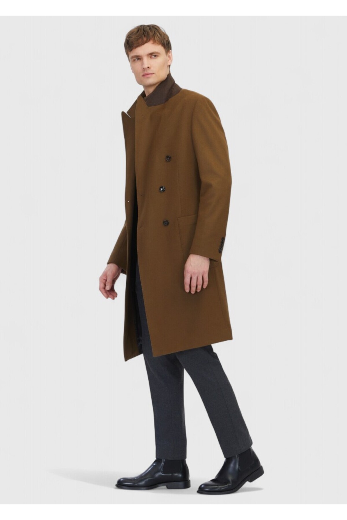 Ramsey  Yağ Yeşili Regular Fit Kruvaze Yaka Casual Dokuma Palto - Görsel 3