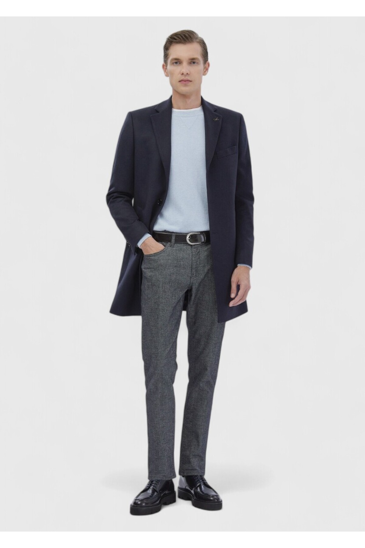 Ramsey  Lacivert Regular Fit Şal Yaka Klasik Dokuma Palto - Görsel 4