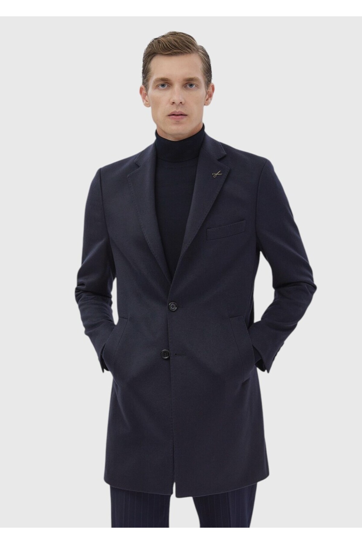 Ramsey  Lacivert Regular Fit Şal Yaka Klasik Dokuma Palto - Görsel 6