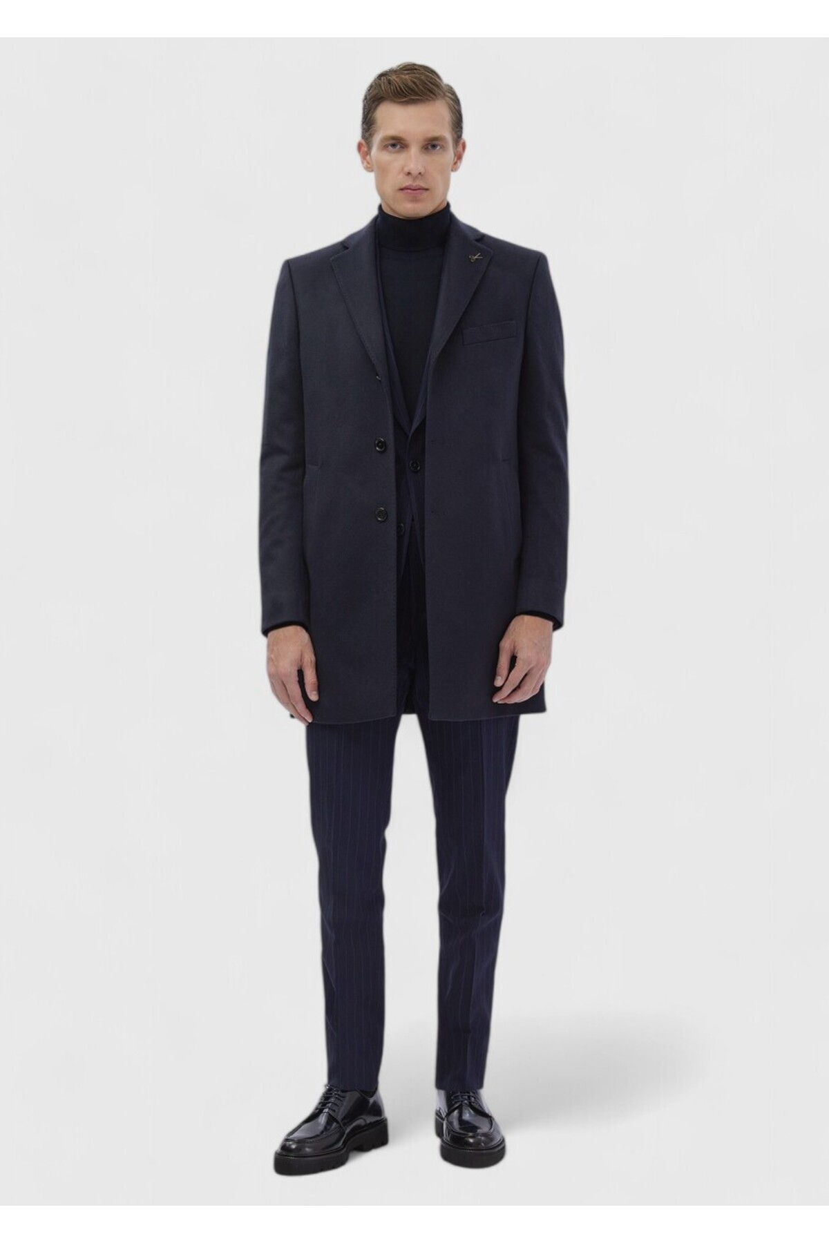 Ramsey  Lacivert Regular Fit Şal Yaka Klasik Dokuma Palto - Görsel 3