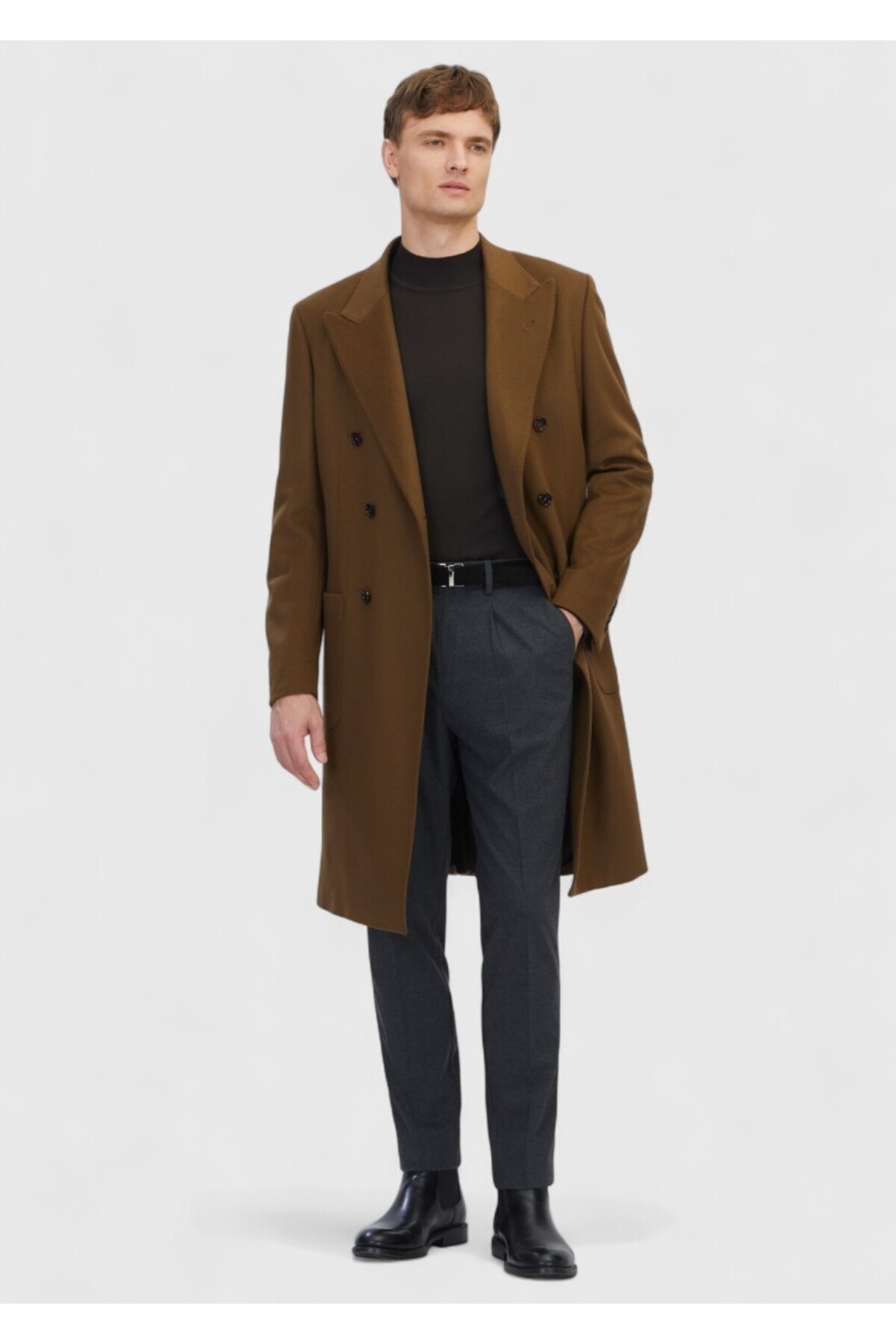 Ramsey  Yağ Yeşili Regular Fit Kruvaze Yaka Casual Dokuma Palto - Görsel 2
