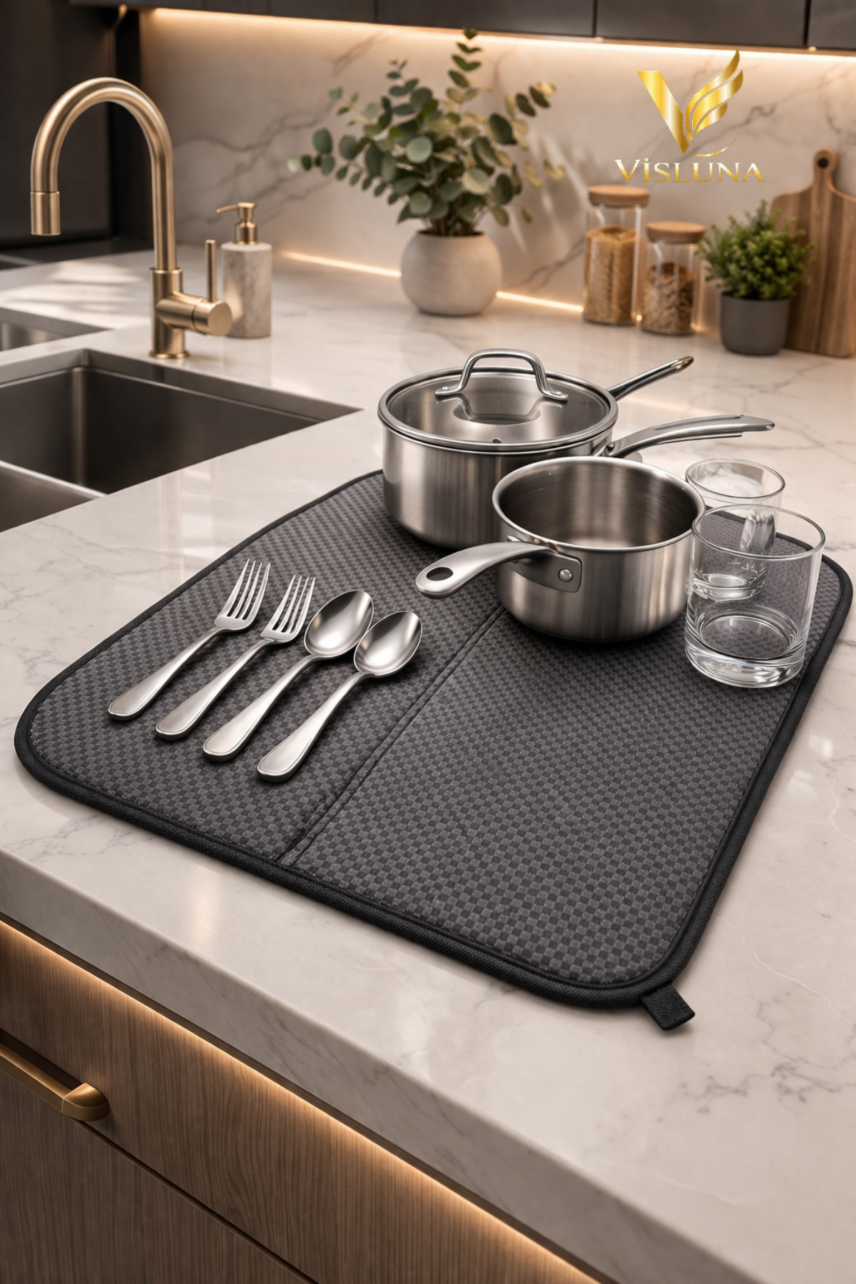 Grey Dish Drying Mat 35x45 Cm Microfiber Ultra Absorbent Kitchen Countertop Drying Mat