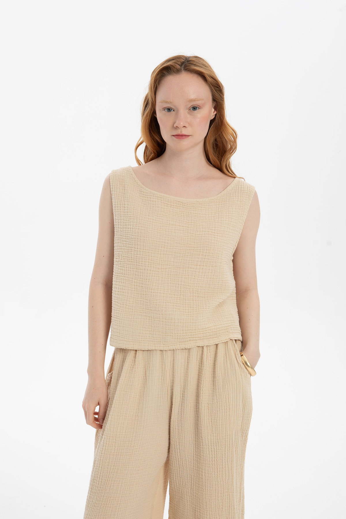 | 100% Cotton | Muslin | Boat Neck | Crop | Blouse | Beige