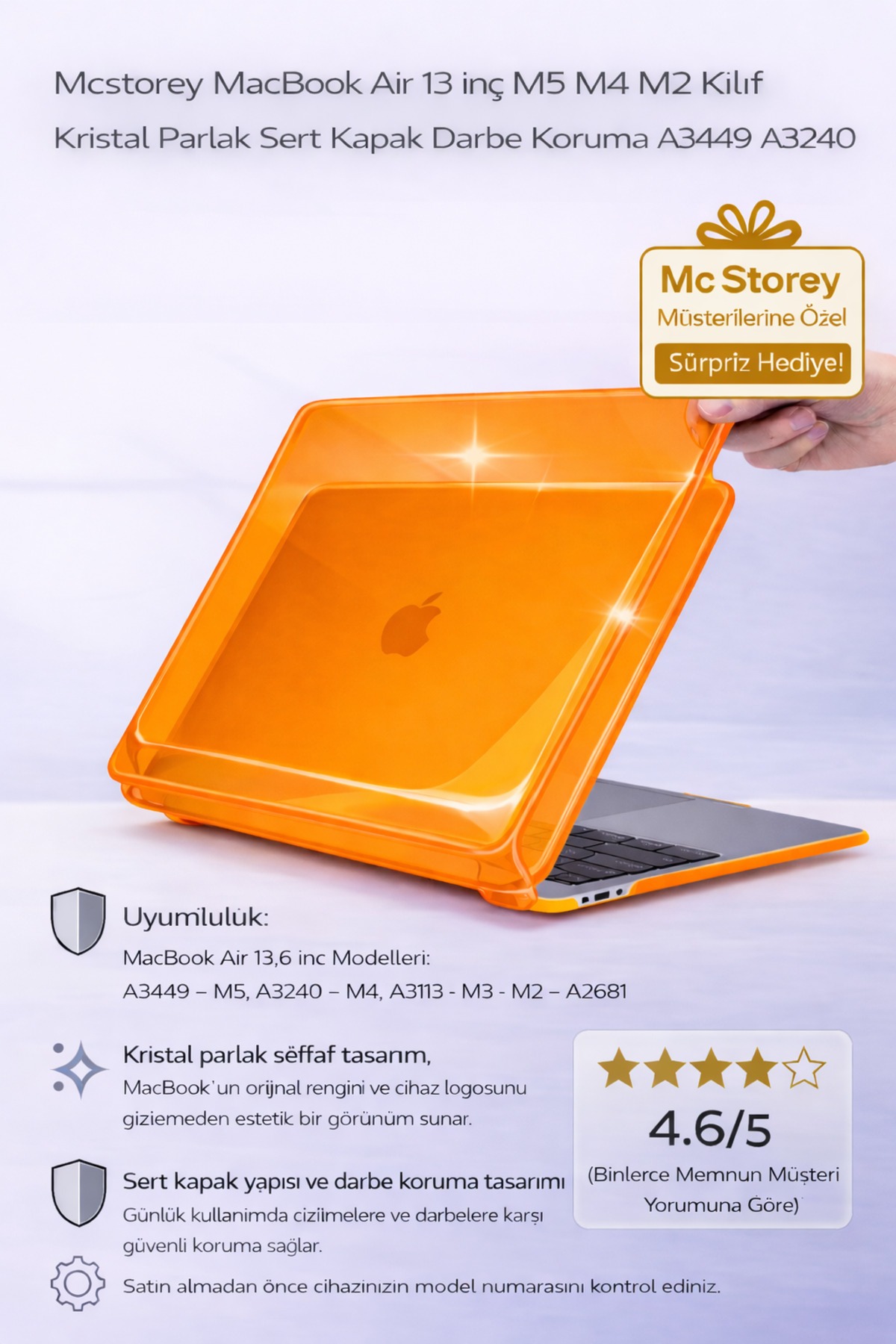 MacBook Air 13 inch M5 M4 M2 Case Crystal Shiny Hard Cover Impact Protection A3449 A3240