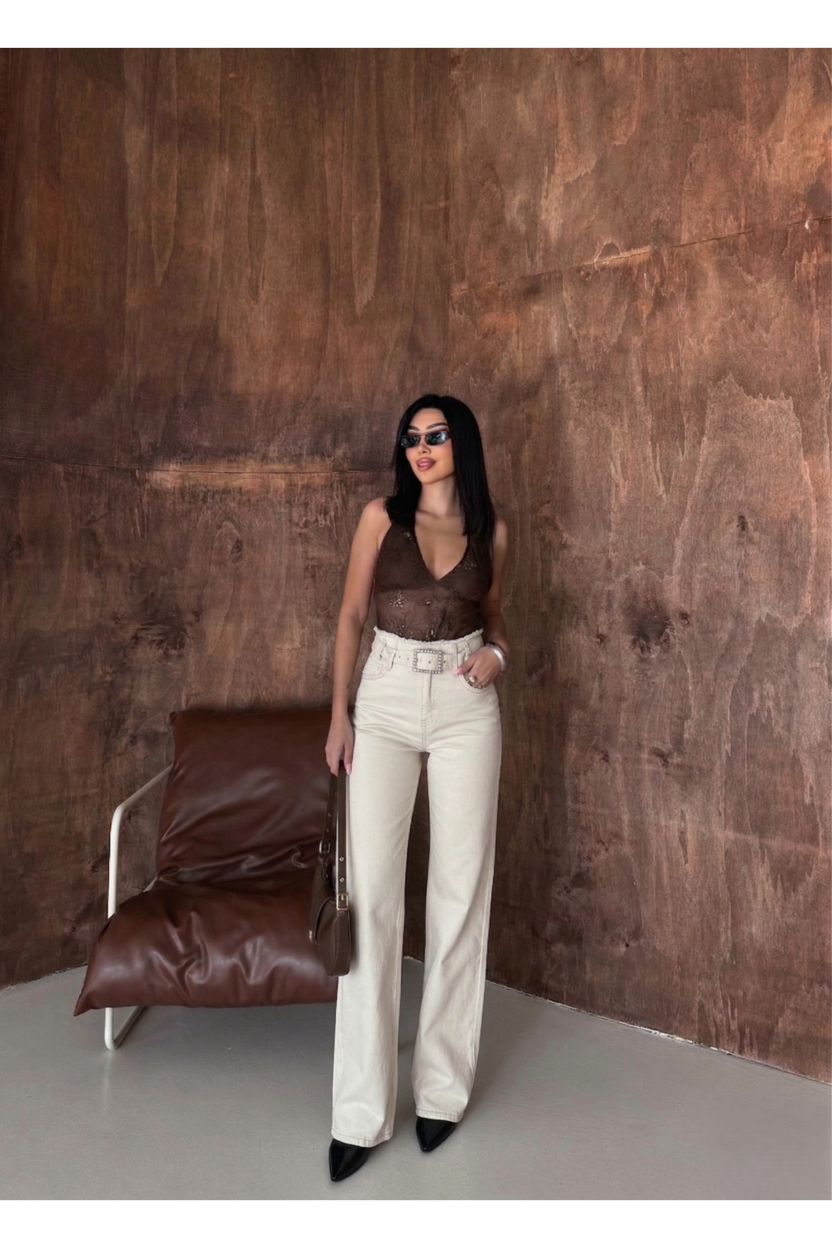 Swet Shop Jeans  Kadın Yüksek Bel Soluk Efekt Vintage Kemerli , Bel Püskül Paça Püskül Palazzo Jean - Görsel 7