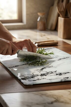 MAKRİ HOME Cam Kesme Tahtası Kırılmaz Temperli 25x35 cm Beyaz Mermer Desenli ...