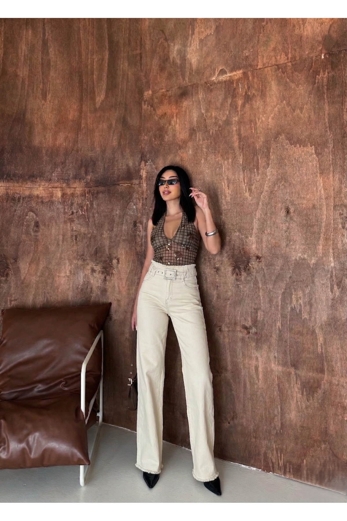 Swet Shop Jeans  Kadın Yüksek Bel Soluk Efekt Vintage Kemerli , Bel Püskül Paça Püskül Palazzo Jean - Görsel 8