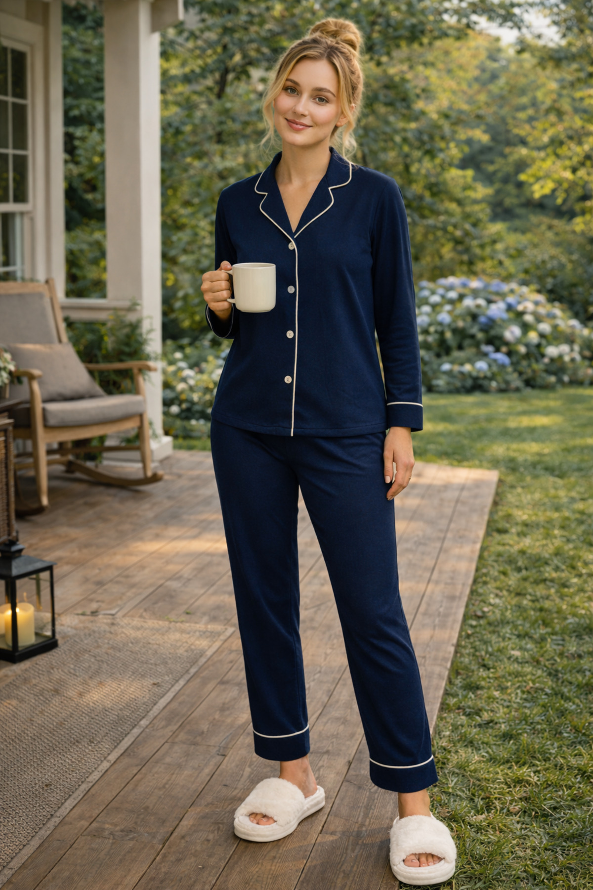 rindahomewear  Kadın Pamuklu Ara Biyeli Düğmeli Biyeli Pijama Takımı - Görsel 2