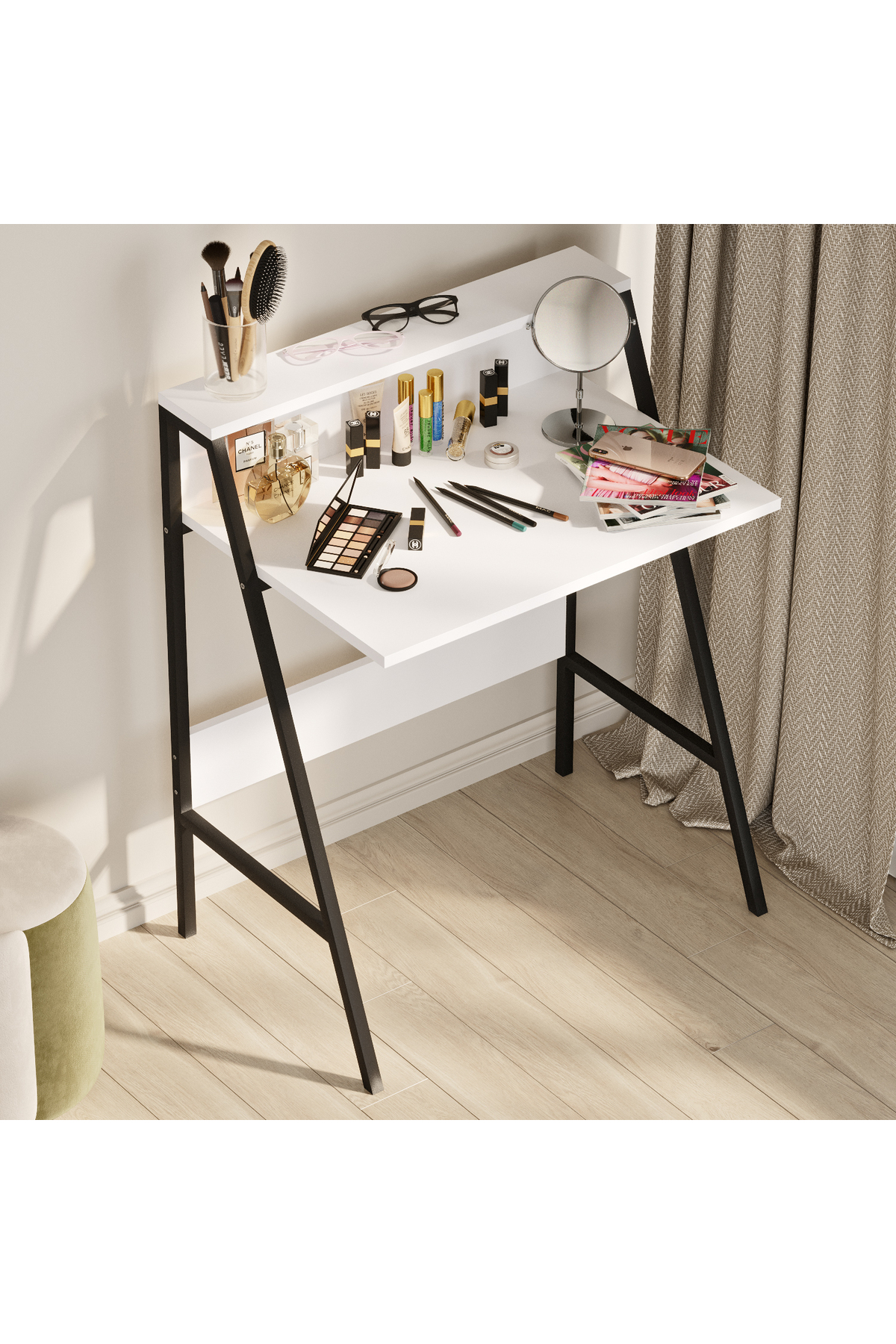 Desk with Shelf Laptop Computer Student Course Kids Young Room Makeup Kitchen Player Multi-Purpose Table Piano Black and White