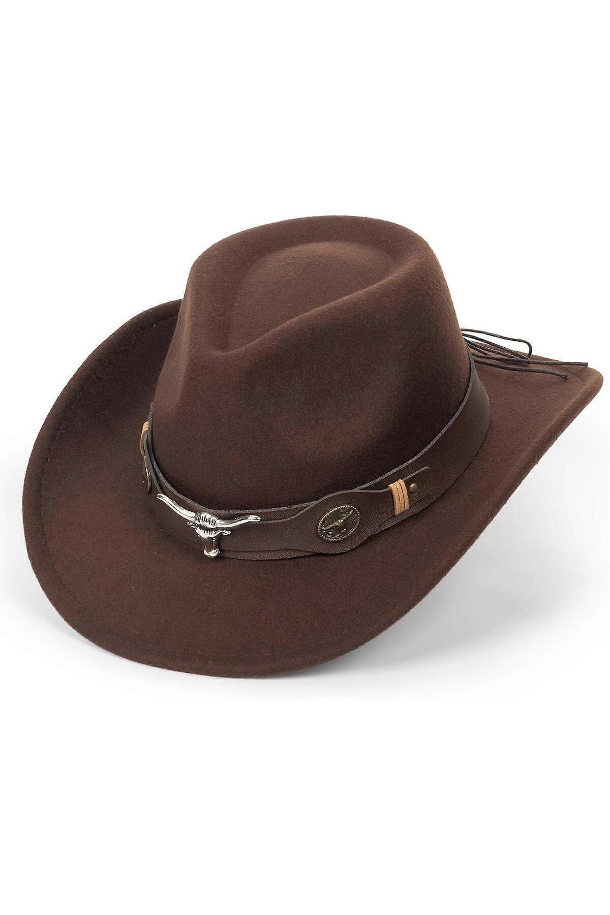 Külah Deri Şeritli Boğa Figürlü Fötr Şapka Premium Classic Western Festival Beach Rave Hat görsel 6