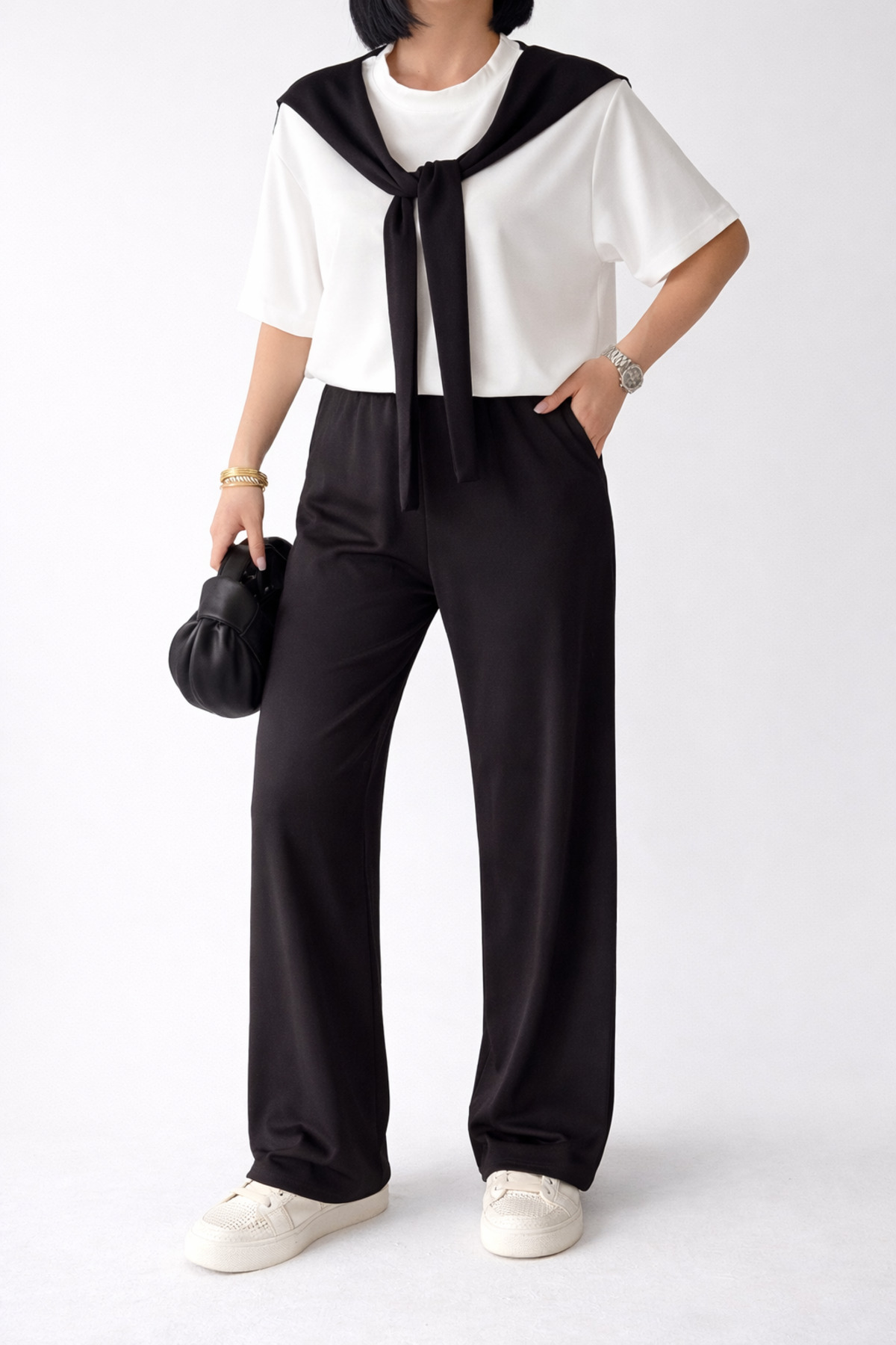 Women's Black Scarf Detailed T-shirt and Pants Bottom Top Set