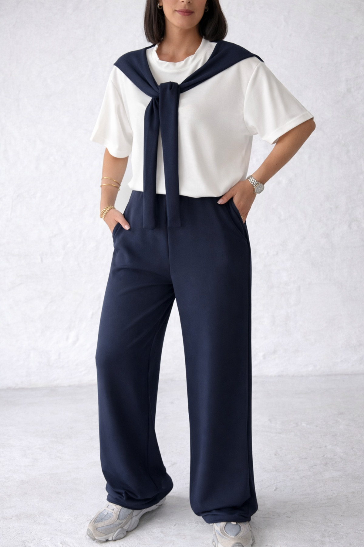 Women's Navy Blue Scarf Detailed T-shirt and Pants Bottom Top Set