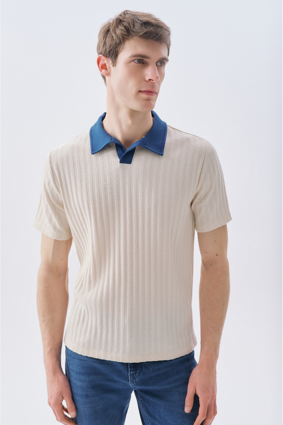 Mudo Men's Ecru Polo Collar Textured T-Shirt