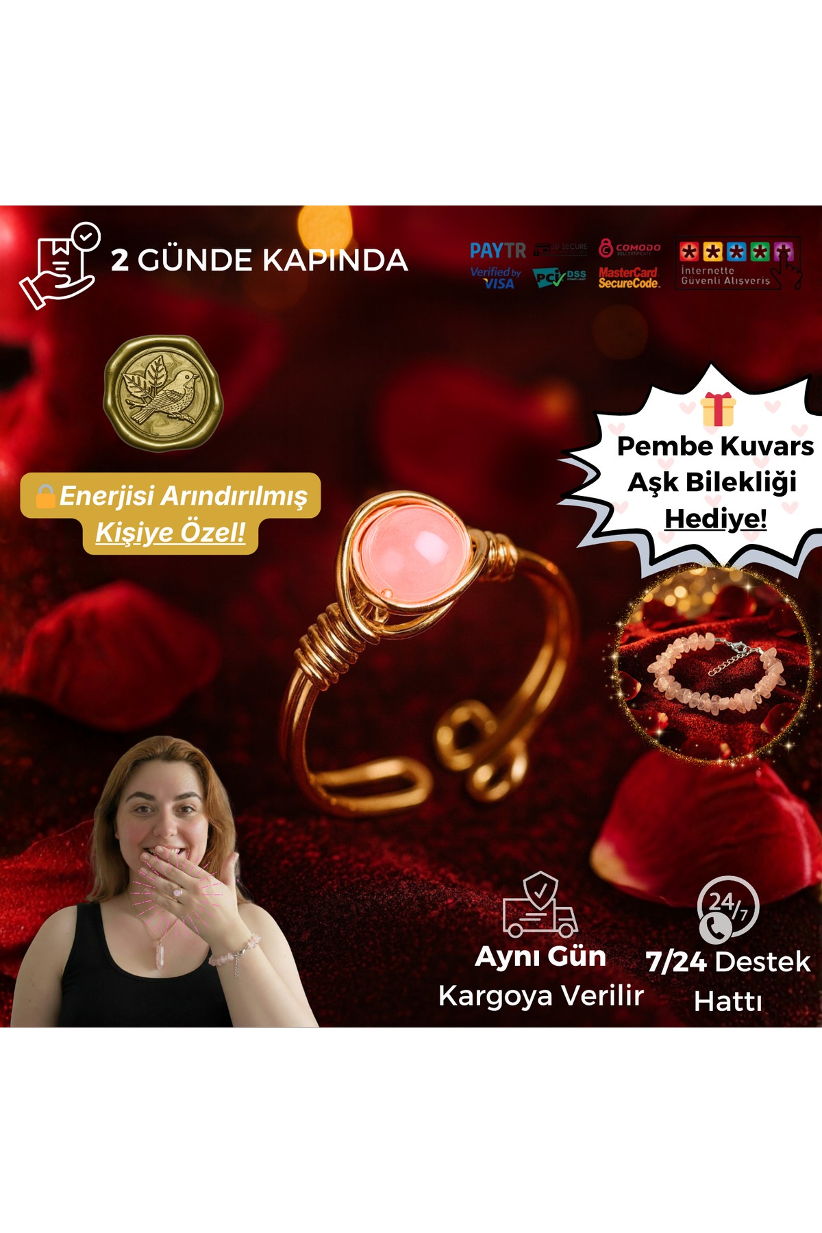 BIJUTERI El Yapımı Pembe Kuvars Yüzük