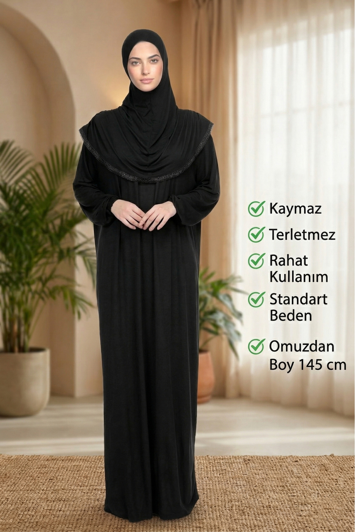 Women's Modest Cotton Prayer Dress with Headscarf, Lace Detail, One Piece, Jersey Fabric, Navy Blue
