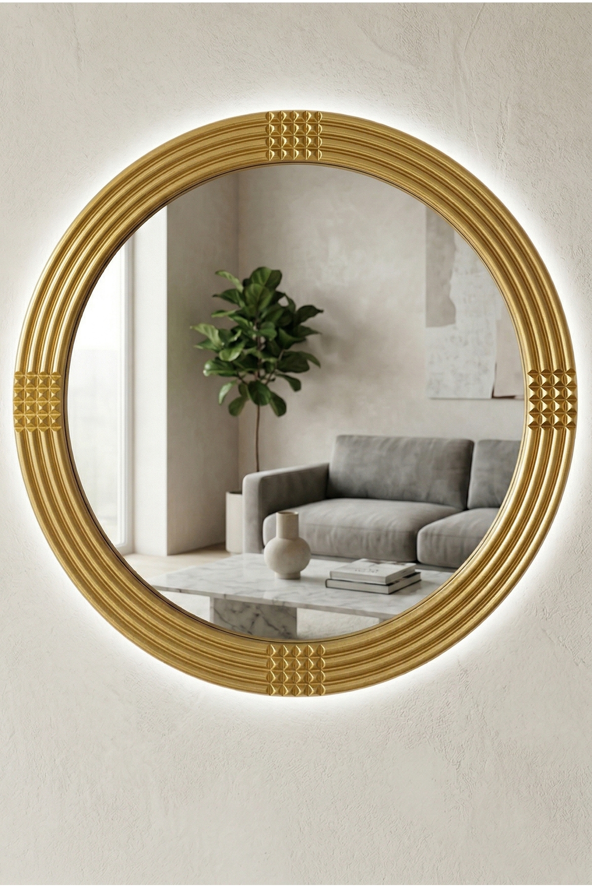Led Illuminated Sapphire Wood Gold Decorative Mirror Round Mirror Embroidered Wall Mirror Single - 56 Cm