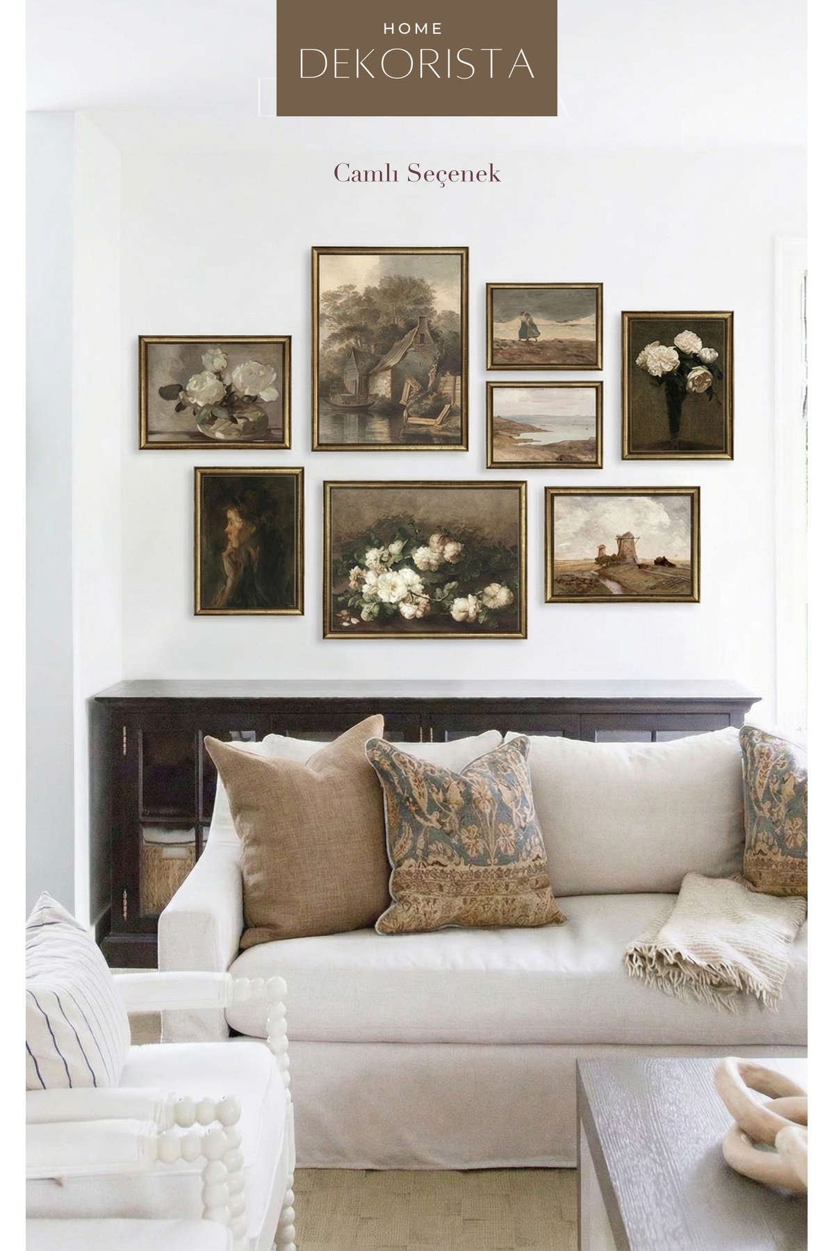 Vintage 8-Piece Painting Set WITH FRAMED GLASS, Gallery Wall, Artistic Print, Painting, 125X90CM, 8LIB1C