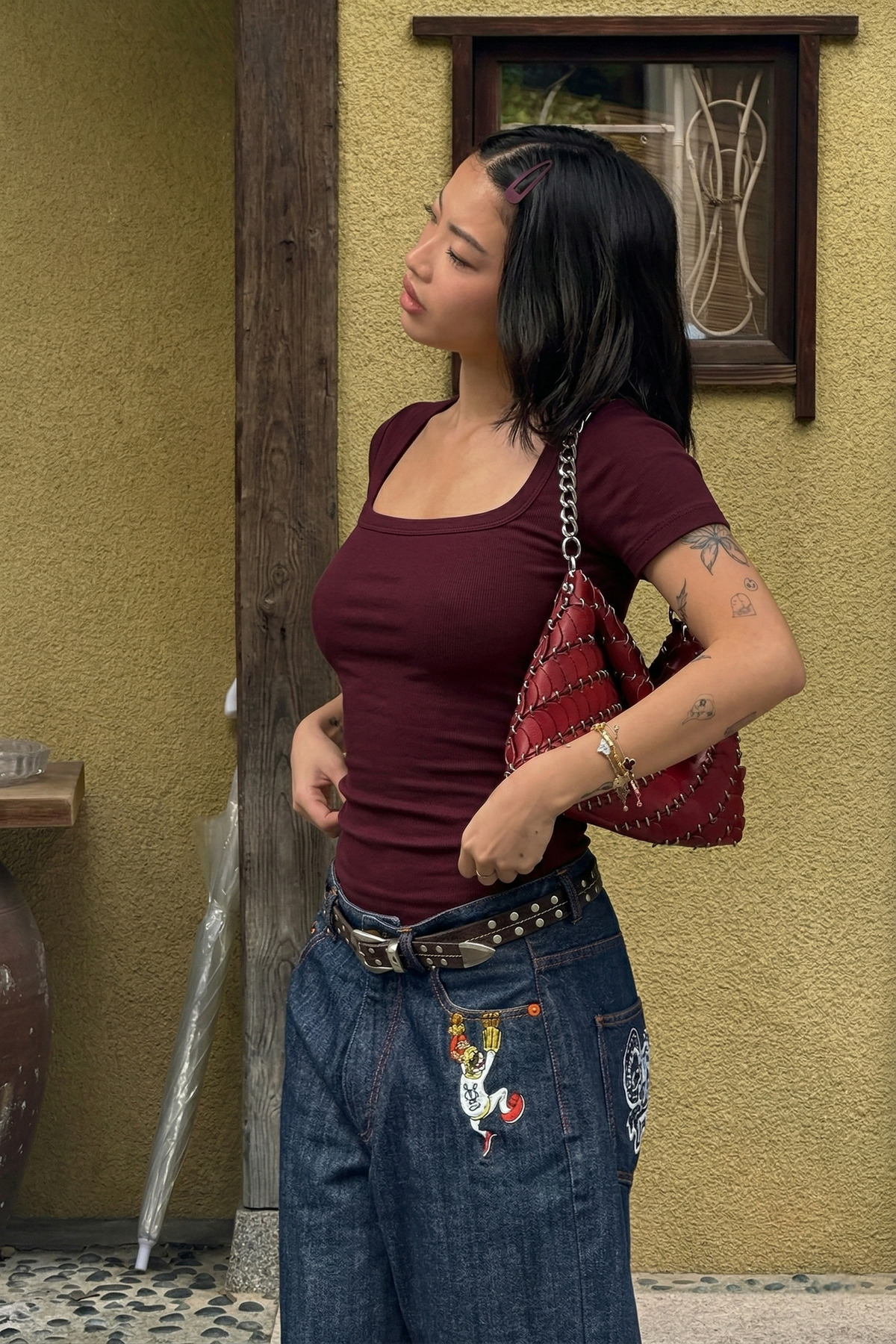 100% Cotton Ultra Soft Slim Fit Flexible Textured Body Fitting SQUARE Neck CLARET RED Women's T-Shirt