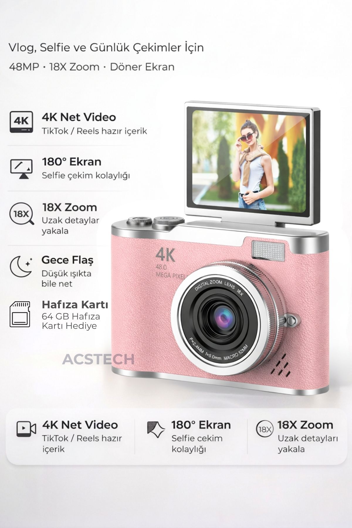 ACSTECH 4K Dijital Fotoğraf Makinesi 48MP Flip Ekran 18X Zoom Flaşlı 64GB Hediyeli Türkçe Menü