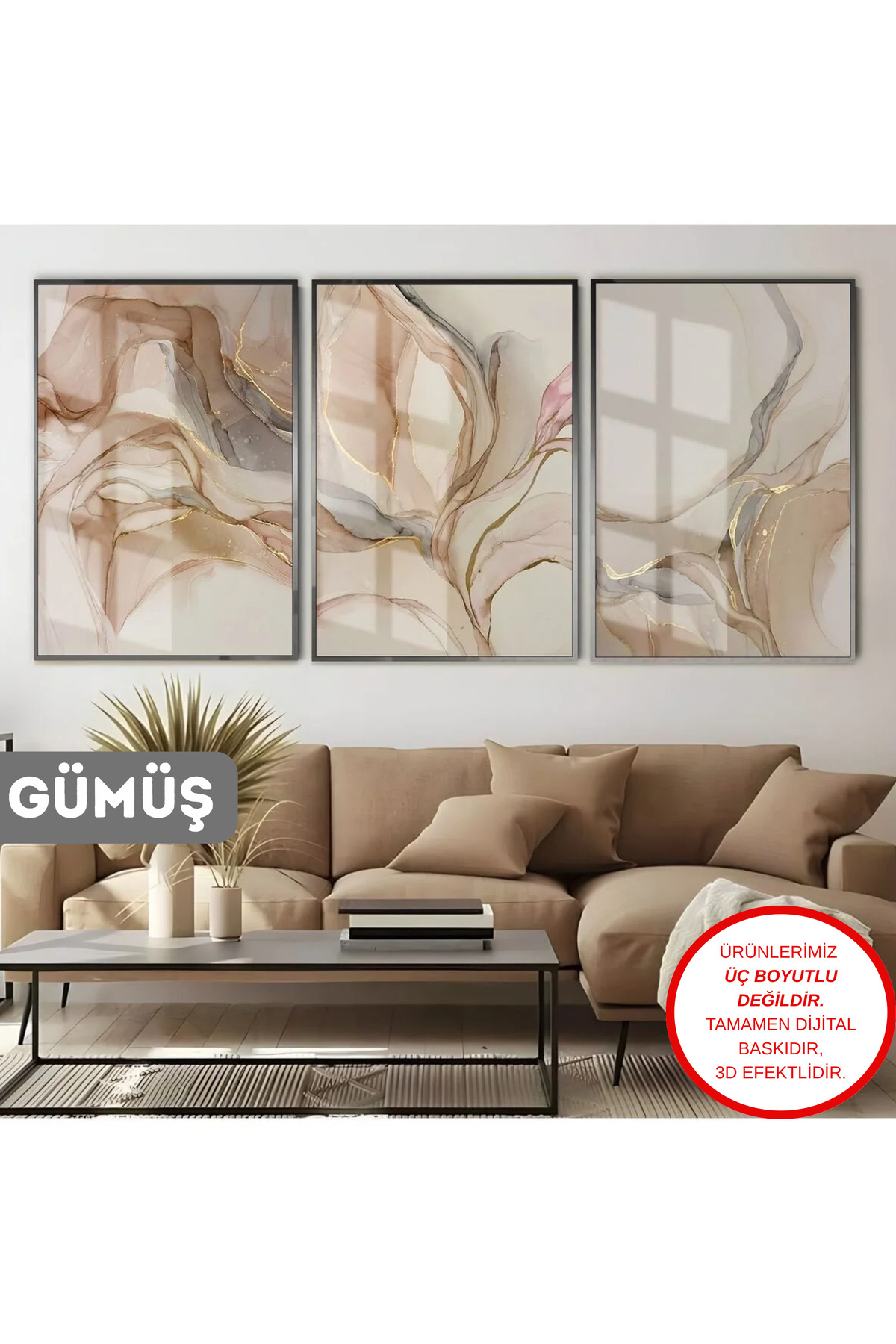 HARIKABIREV| CREAM-BEIGE-PINK ABSTRACT COMBINATION |FRAMED GLASS TABLE 3-PIECE VERTICAL