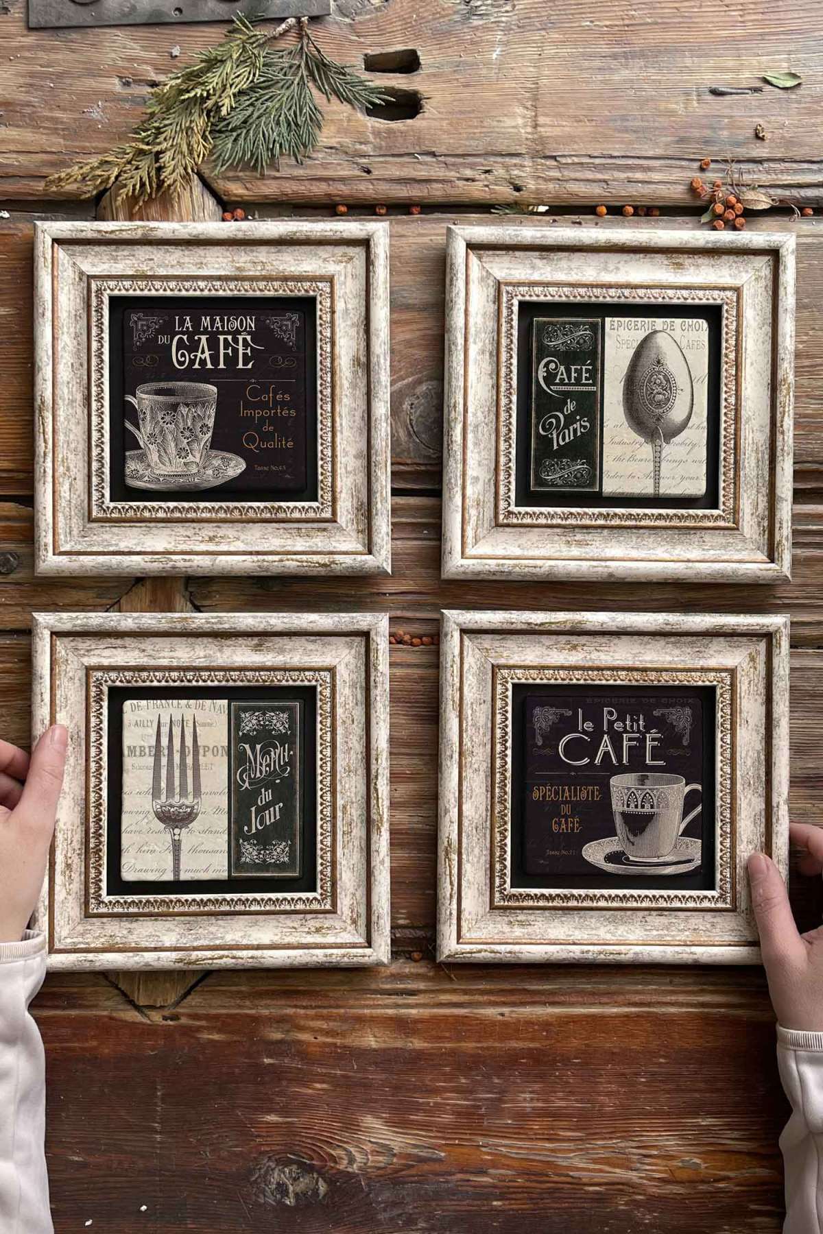 Framed Stone Painting Wall Decor 20x20cm 4-Piece Set Cafe de Paris