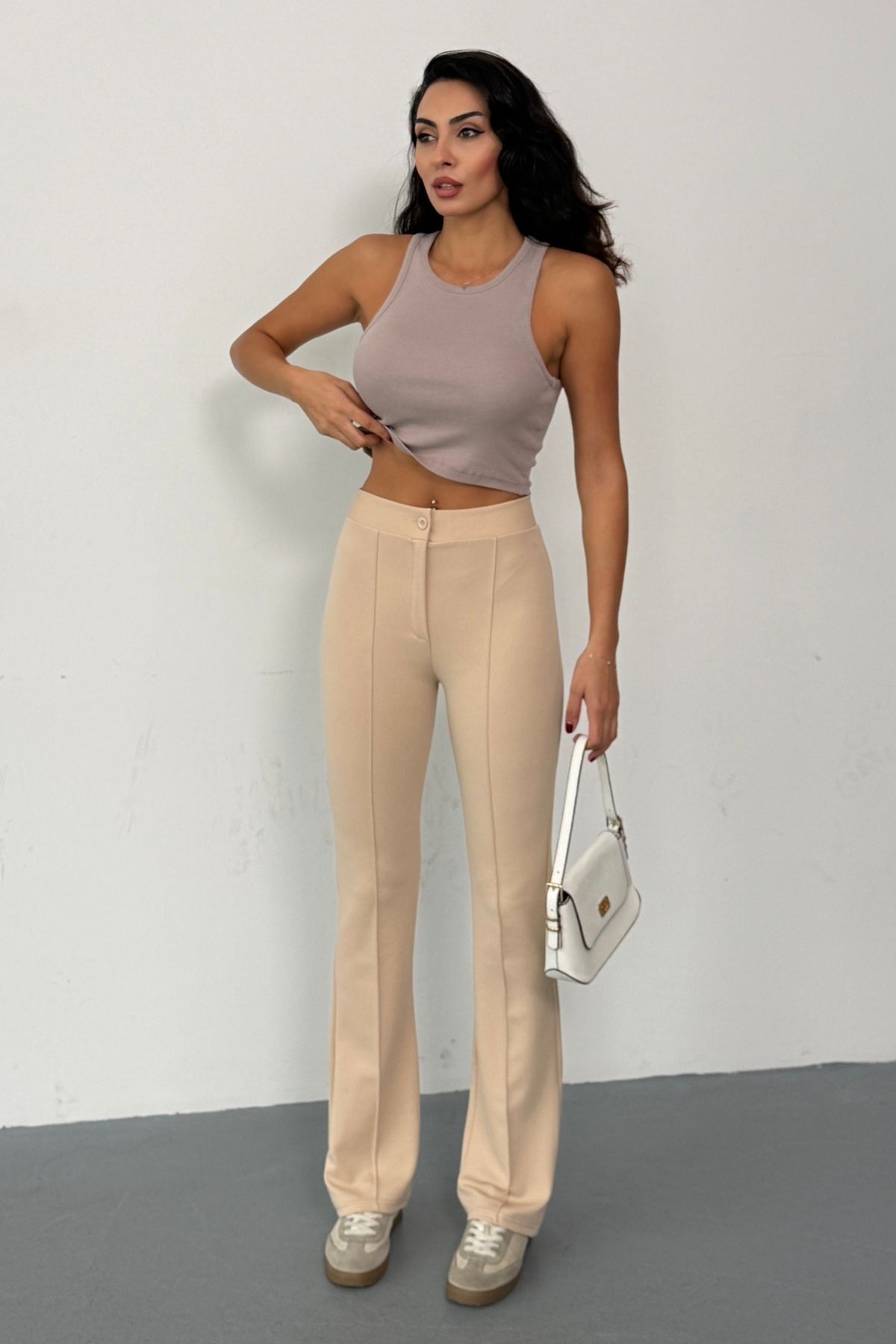 THIFF GYMWEAR Krep Kumaş Likralı Kadın Palazzo Pantolon 3'lü Set görsel 2