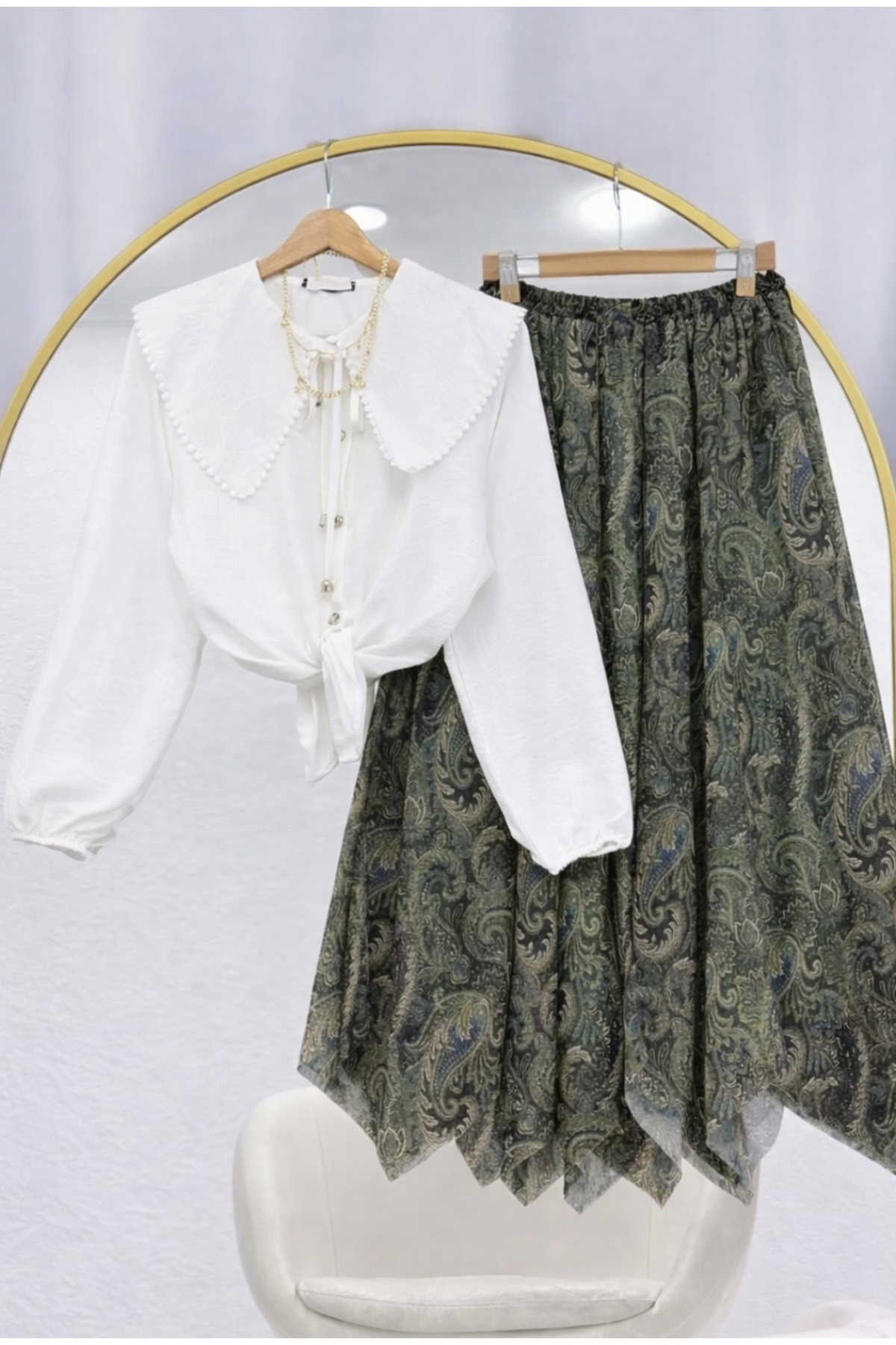 MODA VEDAT  Kadın Fisto Yakalı Gömlek - Desenli Asimetrik Kesim Etekli Takım -0640 HAKİ