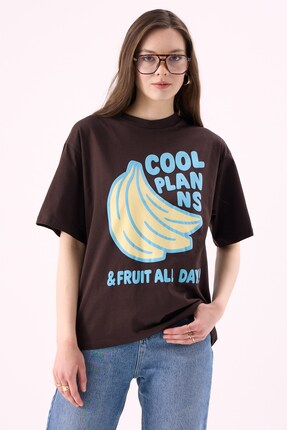 CrepTekstil Crep Kadın Cool Plans Muz Baskılı Bisiklet Yaka Kısa Kollu T-Shir...