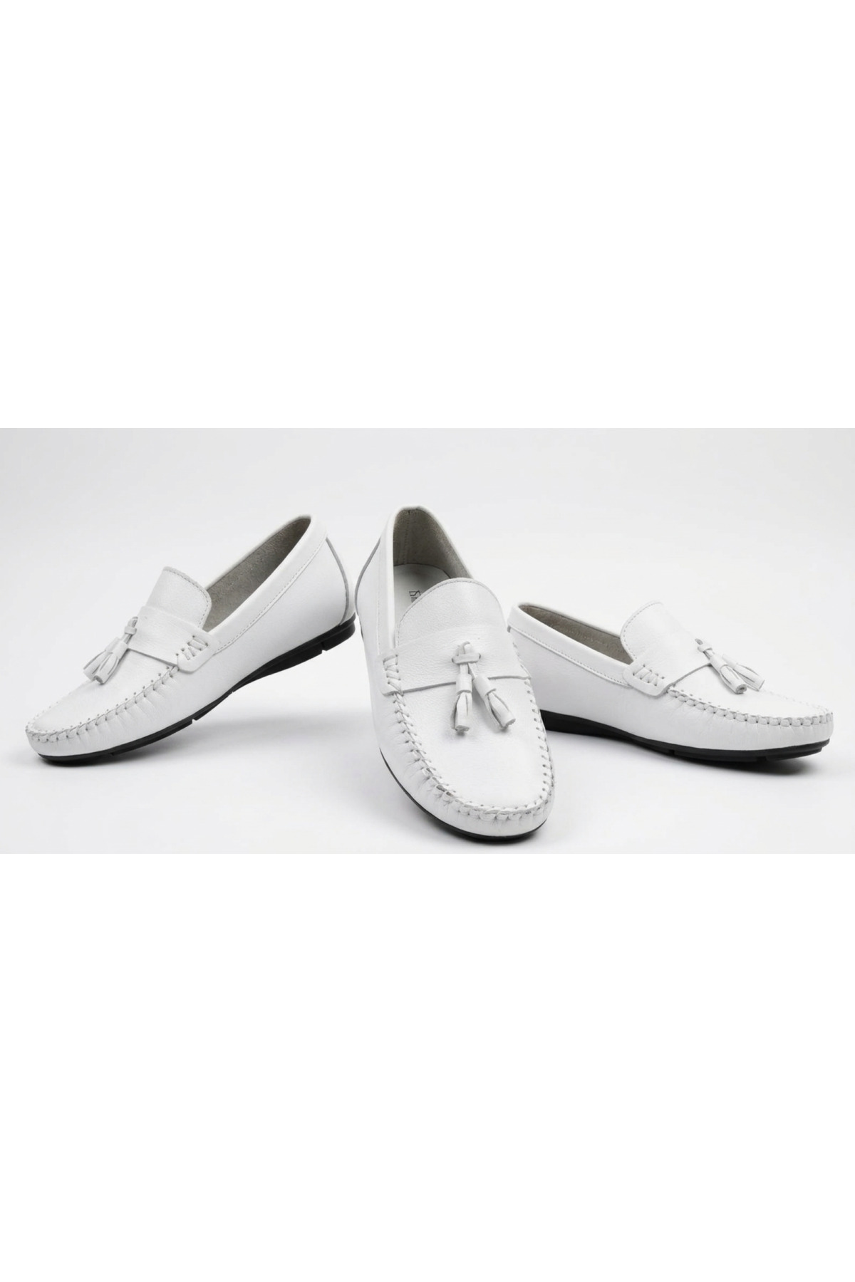 Growish GR0312 Hakiki Deri Saraçlı Rok Model Erkek Ponponlu Beyaz Renk Spor Klasik Loafer Babet Ayakkabı görsel 5